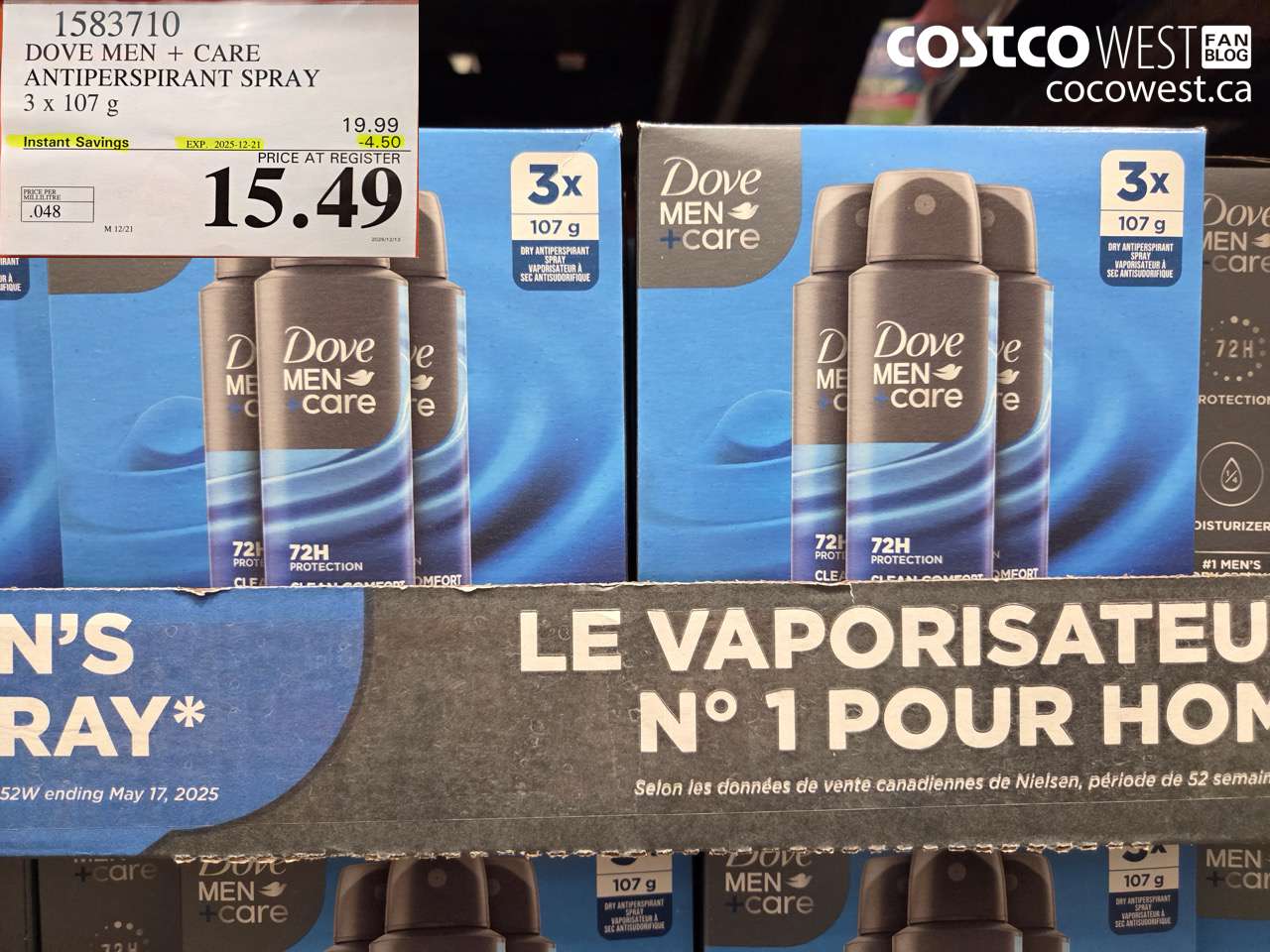 1583710 DOVE MEN + CARE ANTIPERSPIRANT SPRAY 3 x 107 g ($4.50 INSTANT SAVINGS EXPIRES ON 2025-12-21) $15.49