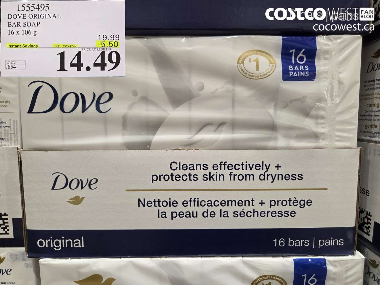 1555495 DOVE ORIGINAL BAR SOAP WHITE 16 x 106 g $.50 OFF ($5.50 INSTANT SAVINGS EXPIRES ON 2025-12-26) $14.49