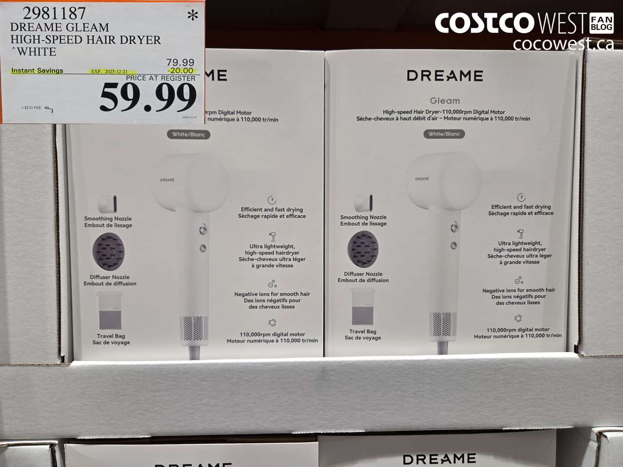 2981187 DREAME GLEAM HIGH-SPEED HAIR DRYER WHITE ($20.00 INSTANT SAVINGS EXPIRES ON 2025-12-21) $59.99