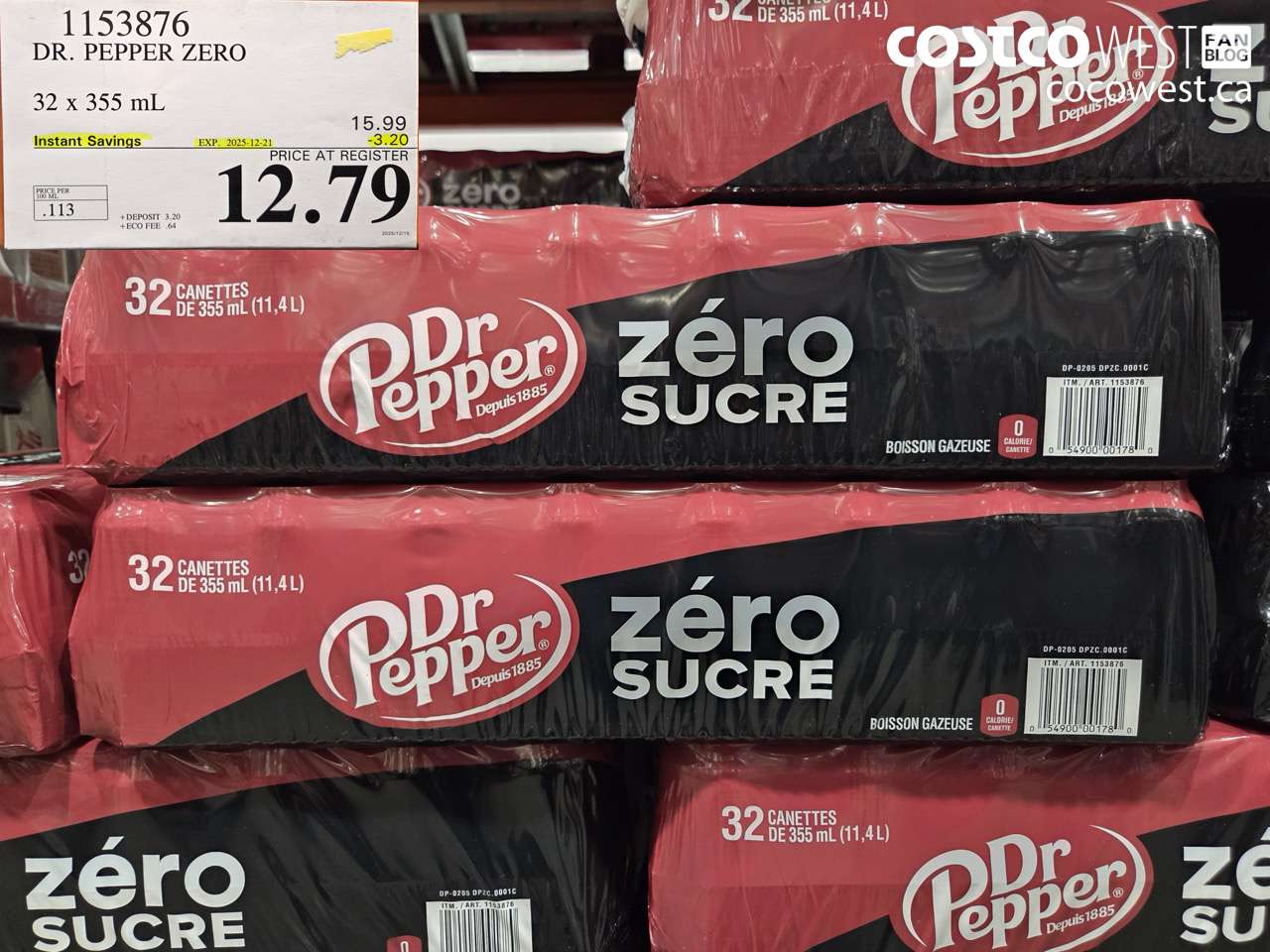 1153876 DR PEPPER ZERO SUGAR 32 x 355 mL ($3.20 INSTANT SAVINGS EXPIRES ON 2025-12-21) $12.79