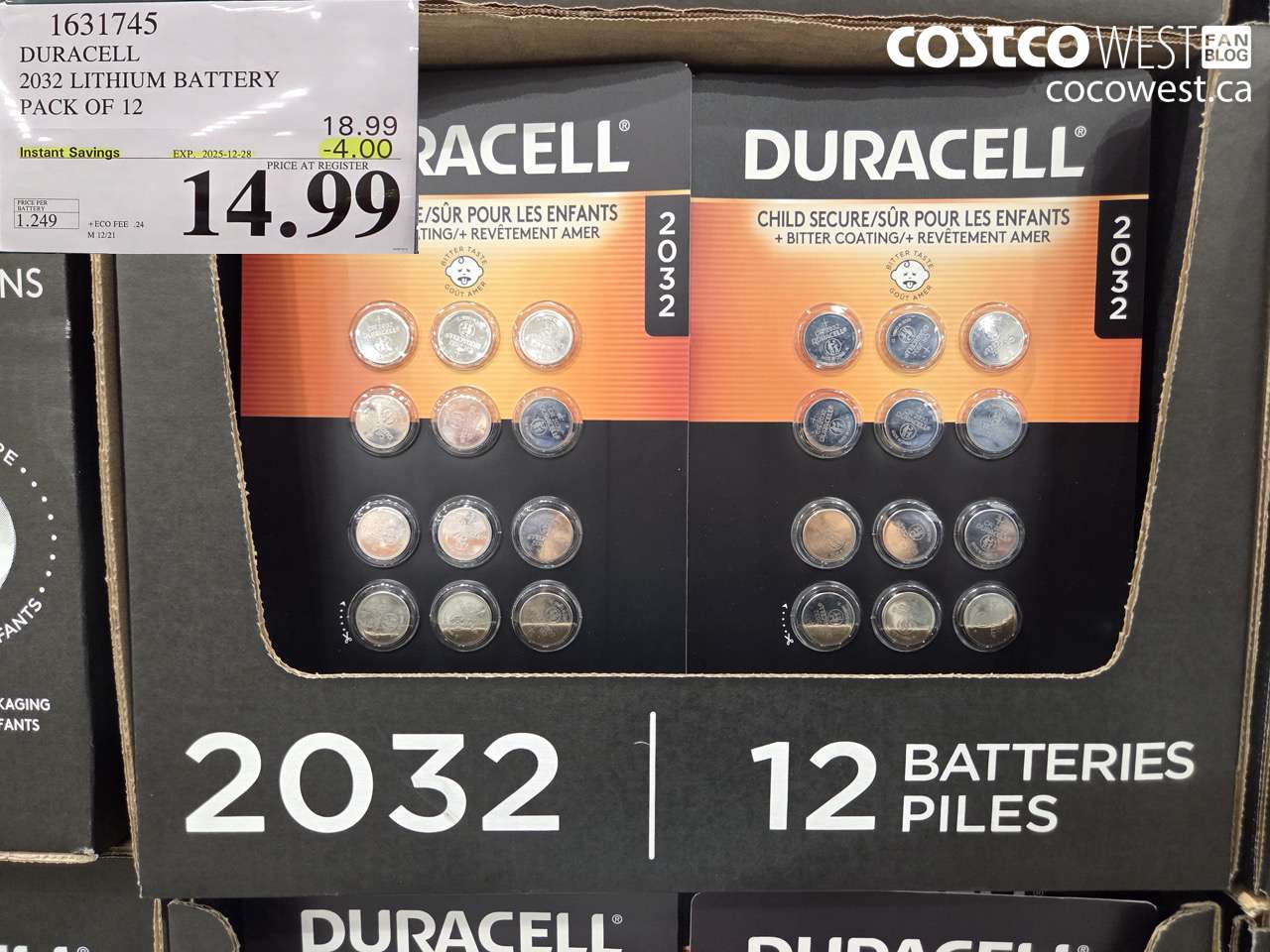 1631745 DURACELL 2032 LITHIUM BATTERY PACK OF 12 ($4.00 INSTANT SAVINGS EXPIRES ON 2025-12-28) $14.99