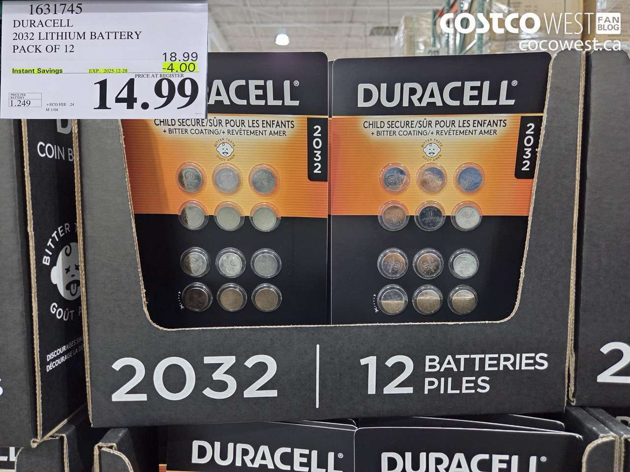 1631745 DURACELL 2032 LITHIUM BATTERY PACK OF 12 ($4.00 INSTANT SAVINGS EXPIRES ON 2025-12-28) $14.99