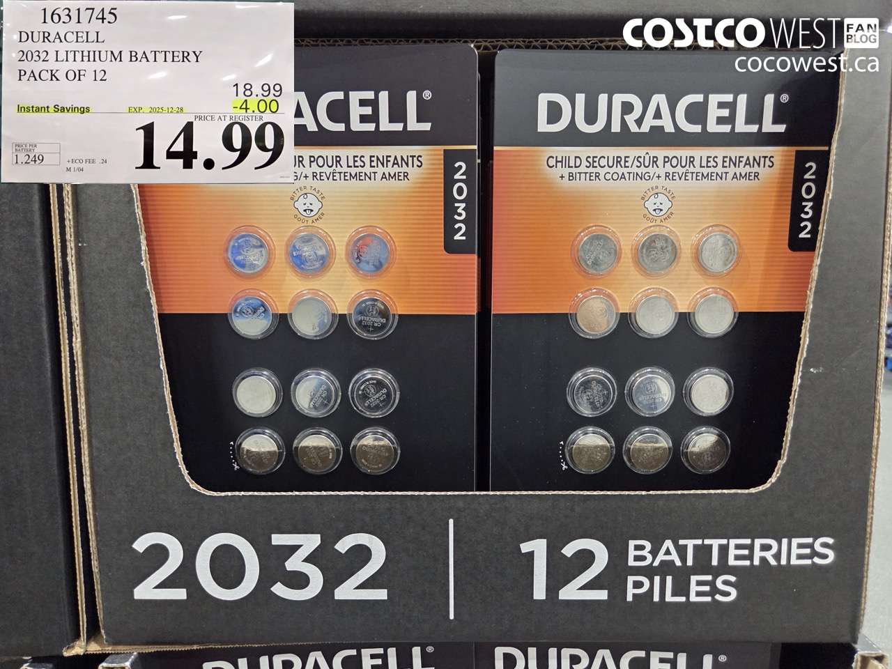 1631745 DURACELL 2032 LITHIUM BATTERY PACK OF 12 ($4.00 INSTANT SAVINGS EXPIRES ON 2025-12-28) $14.99