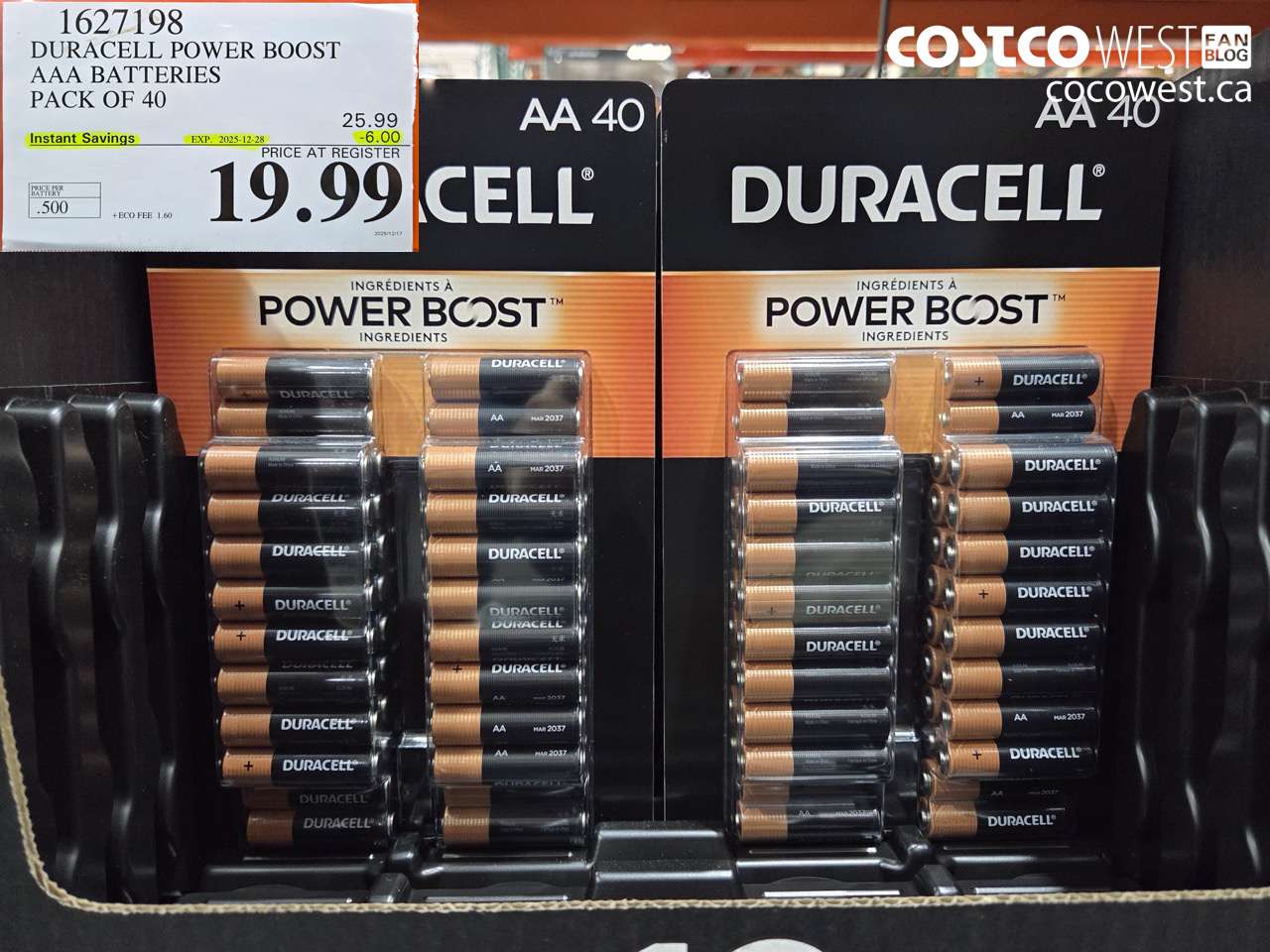 1627198 DURACELL POWER BOOST AAA BATTERIES PACK OF 40 ($6.00 INSTANT SAVINGS EXPIRES ON 2025-12-28) $19.99