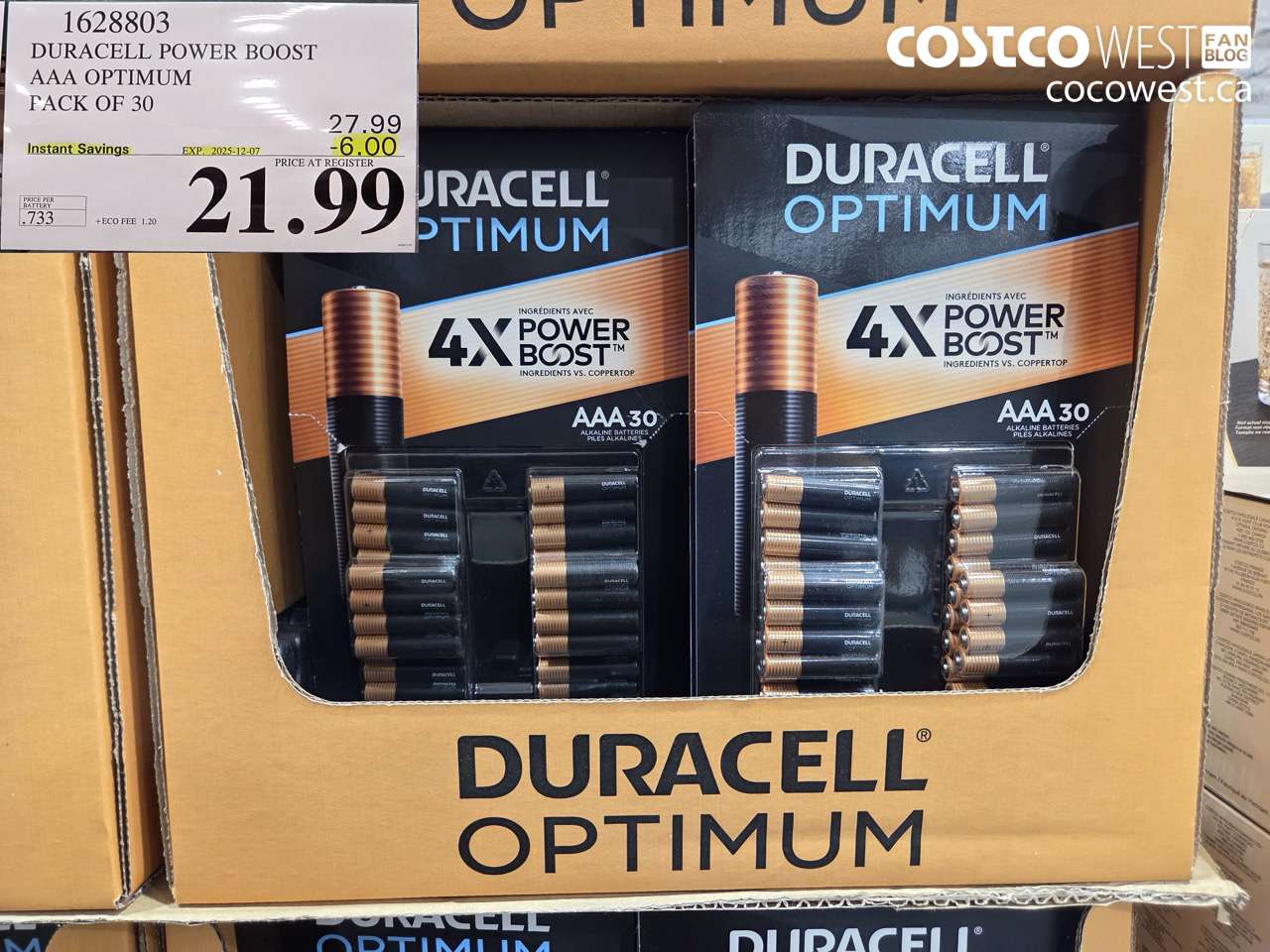 1628803 DURACELL POWER BOOST AAA OPTIMUM PACK OF 30 ($6.00 INSTANT SAVINGS EXPIRES ON 2025-12-07) $21.99