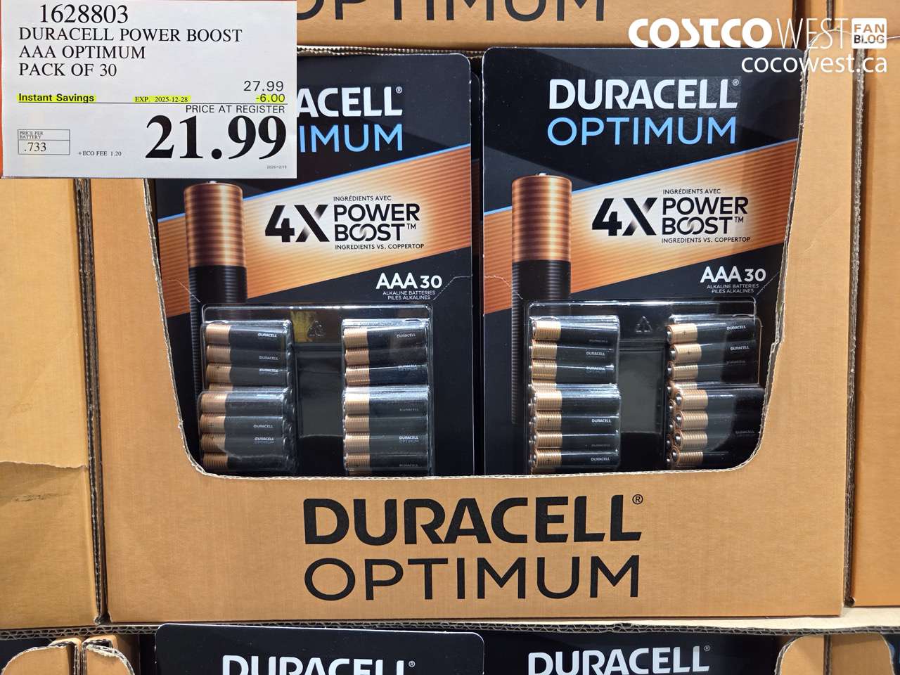 1628803 DURACELL POWER BOOST AAA OPTIMUM PACK OF 30 ($6.00 INSTANT SAVINGS EXPIRES ON 2025-12-28) $21.99