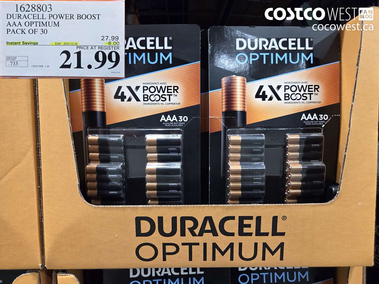 1628803 DURACELL POWER BOOST AAA OPTIMUM PACK OF 30 ($6.00 INSTANT SAVINGS EXPIRES ON 2025-12-28) $21.99