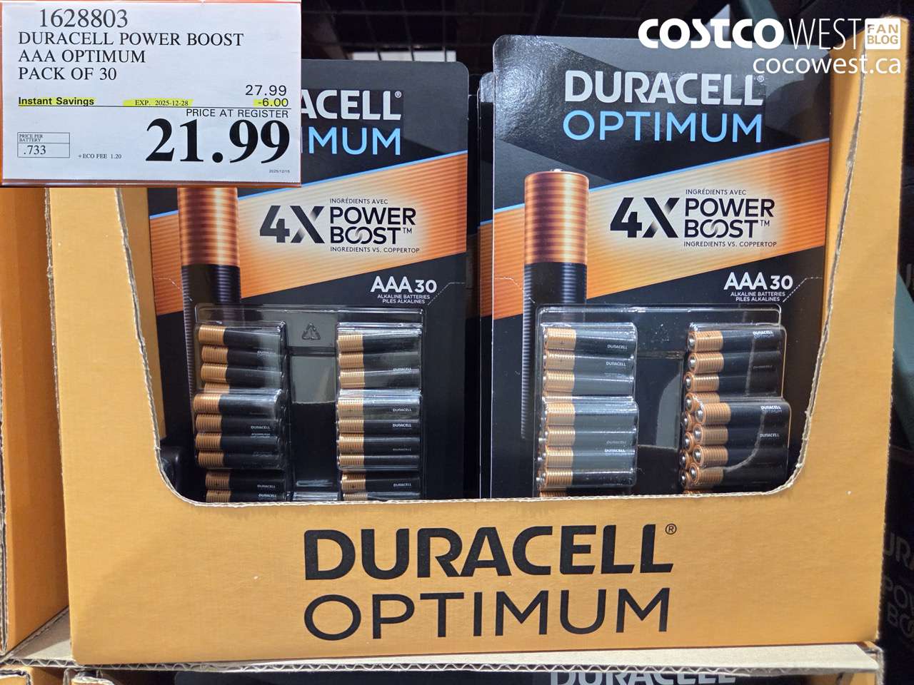 1628803 DURACELL POWER BOOST AAA OPTIMUM PACK OF 30 ($6.00 INSTANT SAVINGS EXPIRES ON 2025-12-28) $21.99
