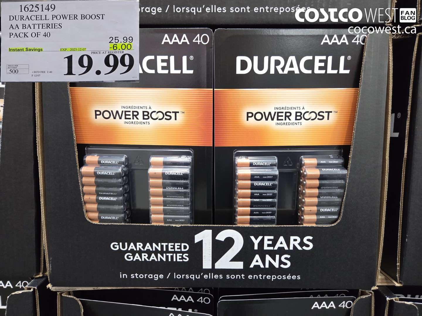 1625149 DURACELL POWER BOOST AA BATTERIES PACK OF 40 ($6.00 INSTANT SAVINGS EXPIRES ON 2025-12-07) $19.99