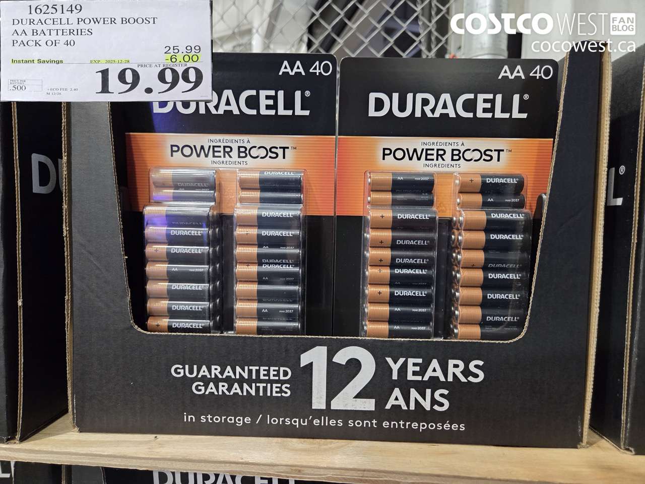 1625149 DURACELL POWER BOOST AA BATTERIES PACK OF 40 ($6.00 INSTANT SAVINGS EXPIRES ON 2025-12-28) $19.99