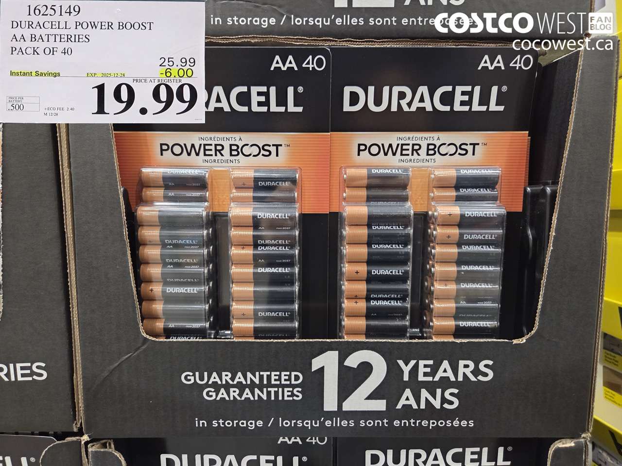 1625149 DURACELL POWER BOOST AA BATTERIES PACK OF 40 ($6.00 INSTANT SAVINGS EXPIRES ON 2025-12-28) $19.99