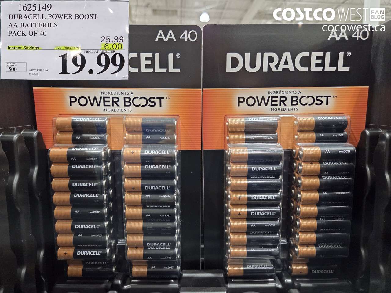 1625149 DURACELL POWER BOOST AA BATTERIES PACK OF 40 ($6.00 INSTANT SAVINGS EXPIRES ON 2025-12-28) $19.99