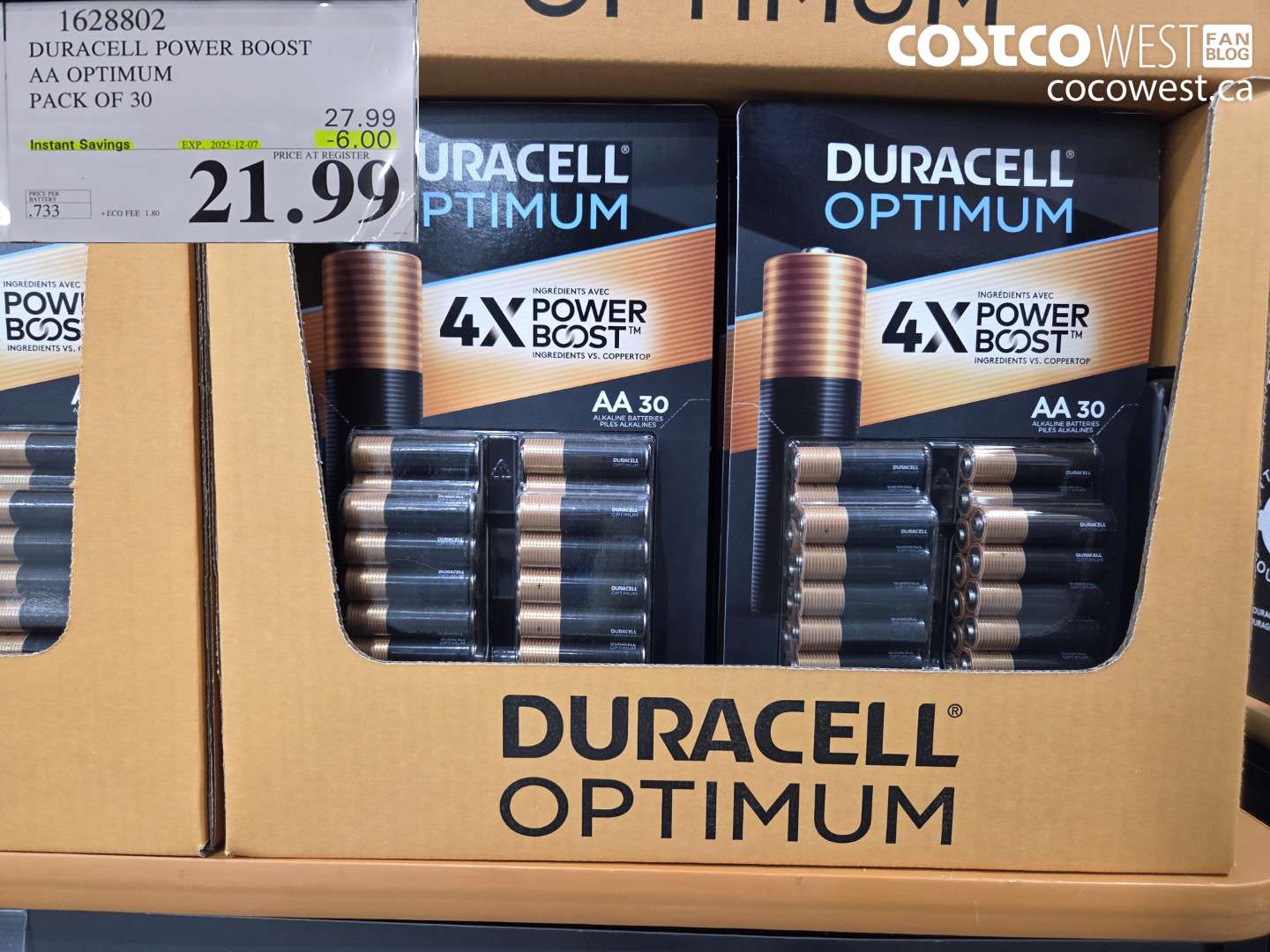 1628802 DURACELL POWER BOOST AA OPTIMUM PACK OF 30 ($6.00 INSTANT SAVINGS EXPIRES ON 2025-12-07) $21.99