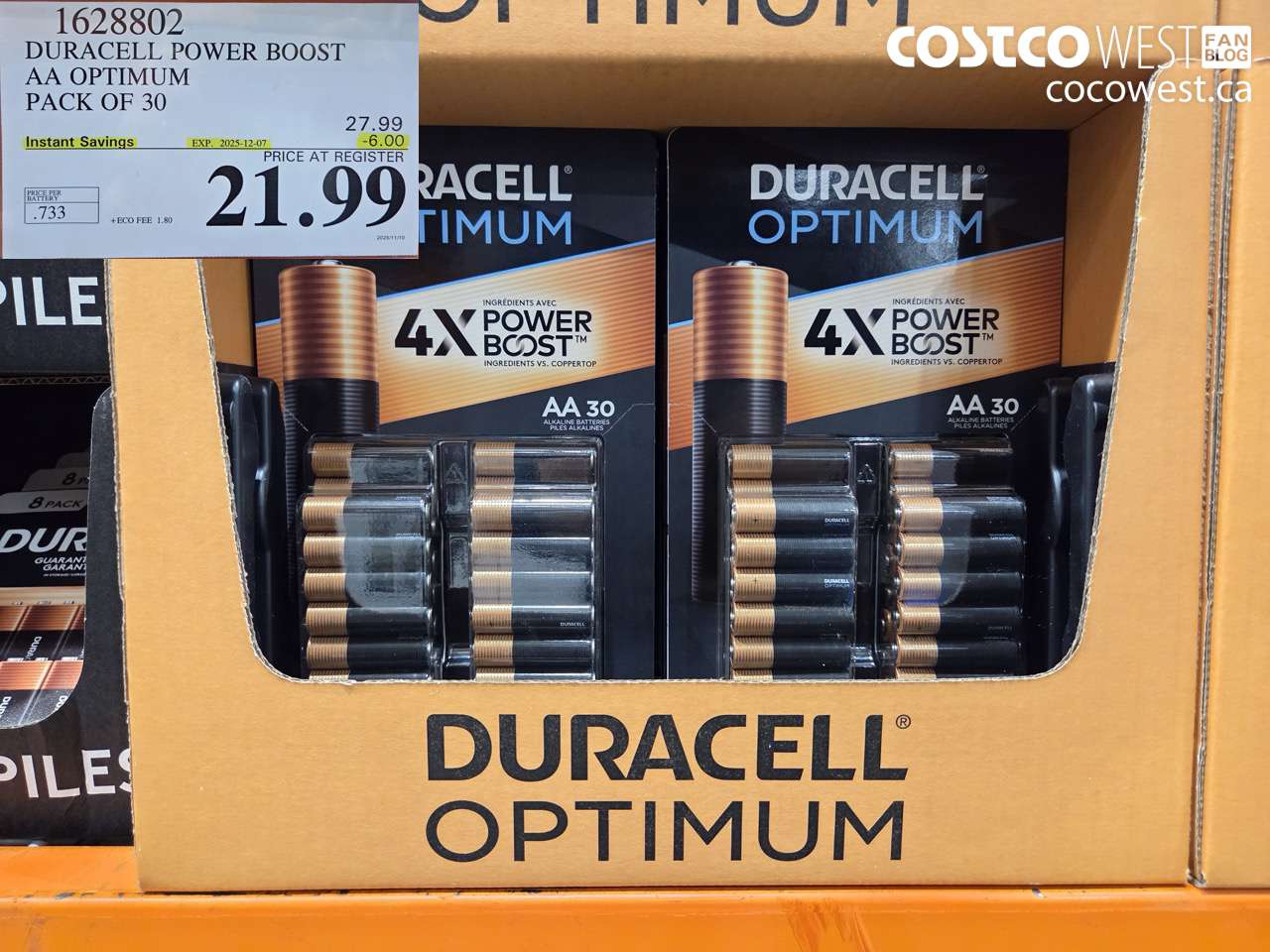 1628802 DURACELL POWER BOOST AA OPTIMUM PACK OF 30 ($6.00 INSTANT SAVINGS EXPIRES ON 2025-12-07) $21.99