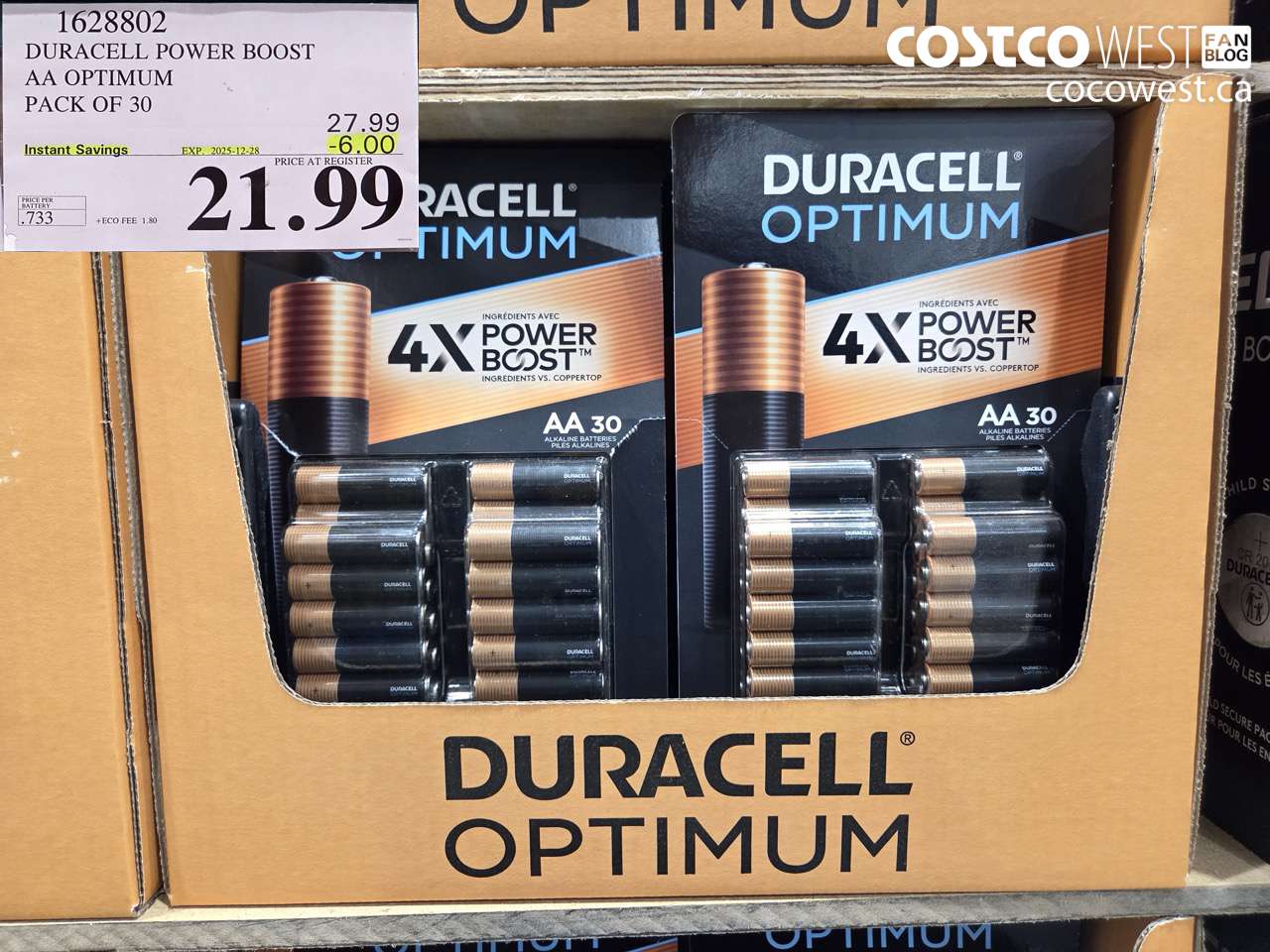 1628802 DURACELL POWER BOOST AA OPTIMUM PACK OF 30 ($6.00 INSTANT SAVINGS EXPIRES ON 2025-12-28) $21.99