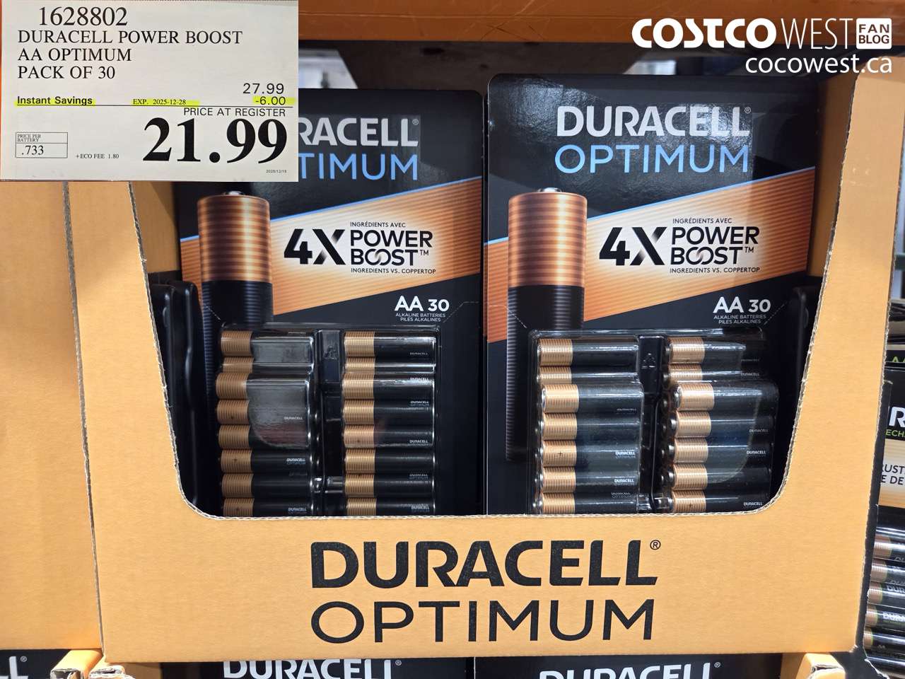 1628802 DURACELL POWER BOOST AA OPTIMUM PACK OF 30 ($6.00 INSTANT SAVINGS EXPIRES ON 2025-12-28) $21.99