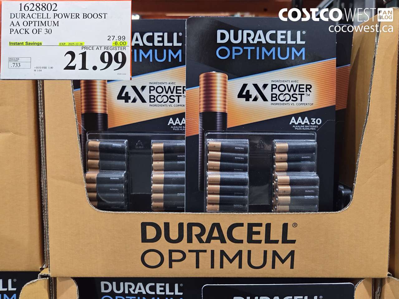 1628802 DURACELL POWER BOOST AA OPTIMUM PACK OF 30 ($6.00 INSTANT SAVINGS EXPIRES ON 2025-12-28) $21.99
