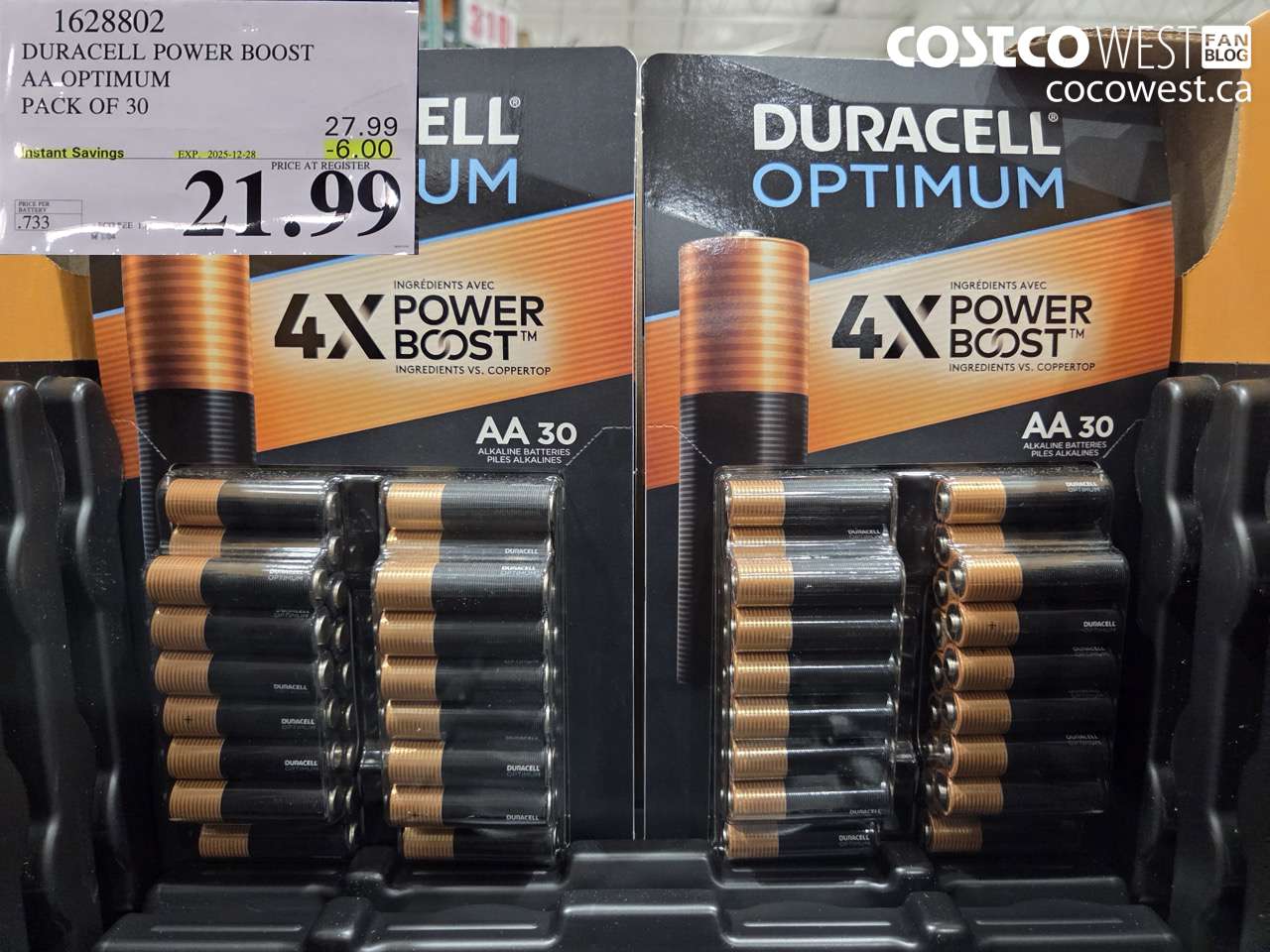 1628802 DURACELL POWER BOOST AA OPTIMUM PACK OF 30 ($6.00 INSTANT SAVINGS EXPIRES ON 2025-12-28) $21.99