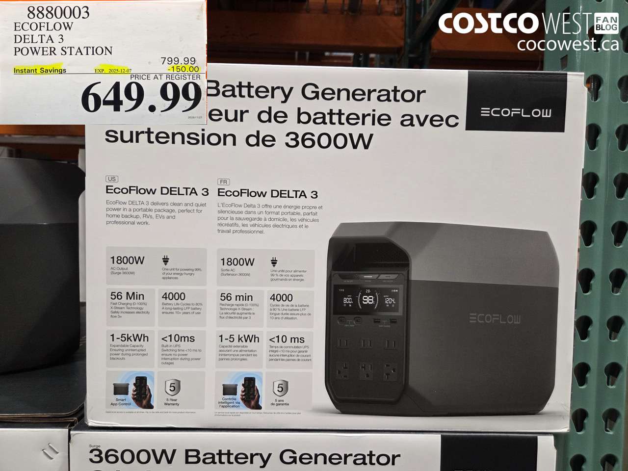 8880003 ECOFLOW DELTA 3 POWER STATION ($150.00 INSTANT SAVINGS EXPIRES ON 2025-12-07) $649.99