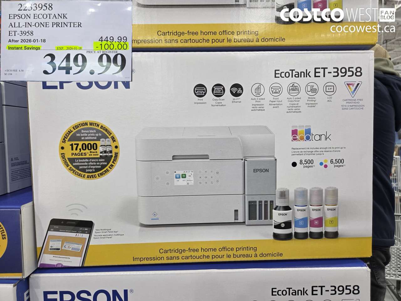 2233958 EPSON ECOTANK ALL-IN-ONE PRINTER ET-3958 ($100.00 INSTANT SAVINGS EXPIRES ON 2026-01-18) $349.99