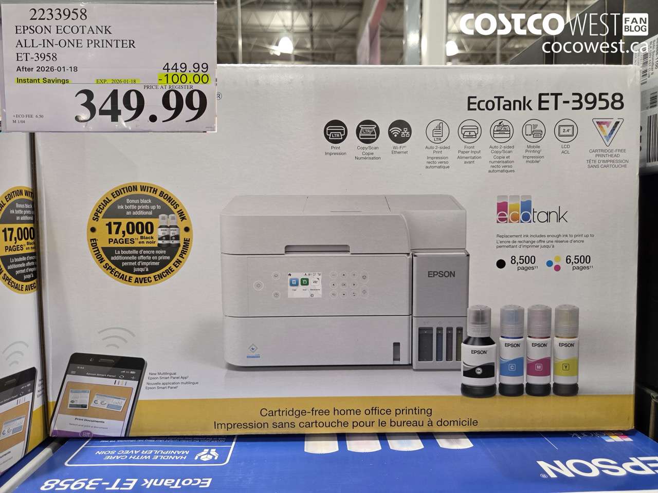 2233958 EPSON ECOTANK ALL-IN-ONE PRINTER ET-3958 ($100.00 INSTANT SAVINGS EXPIRES ON 2026-01-18) $349.99