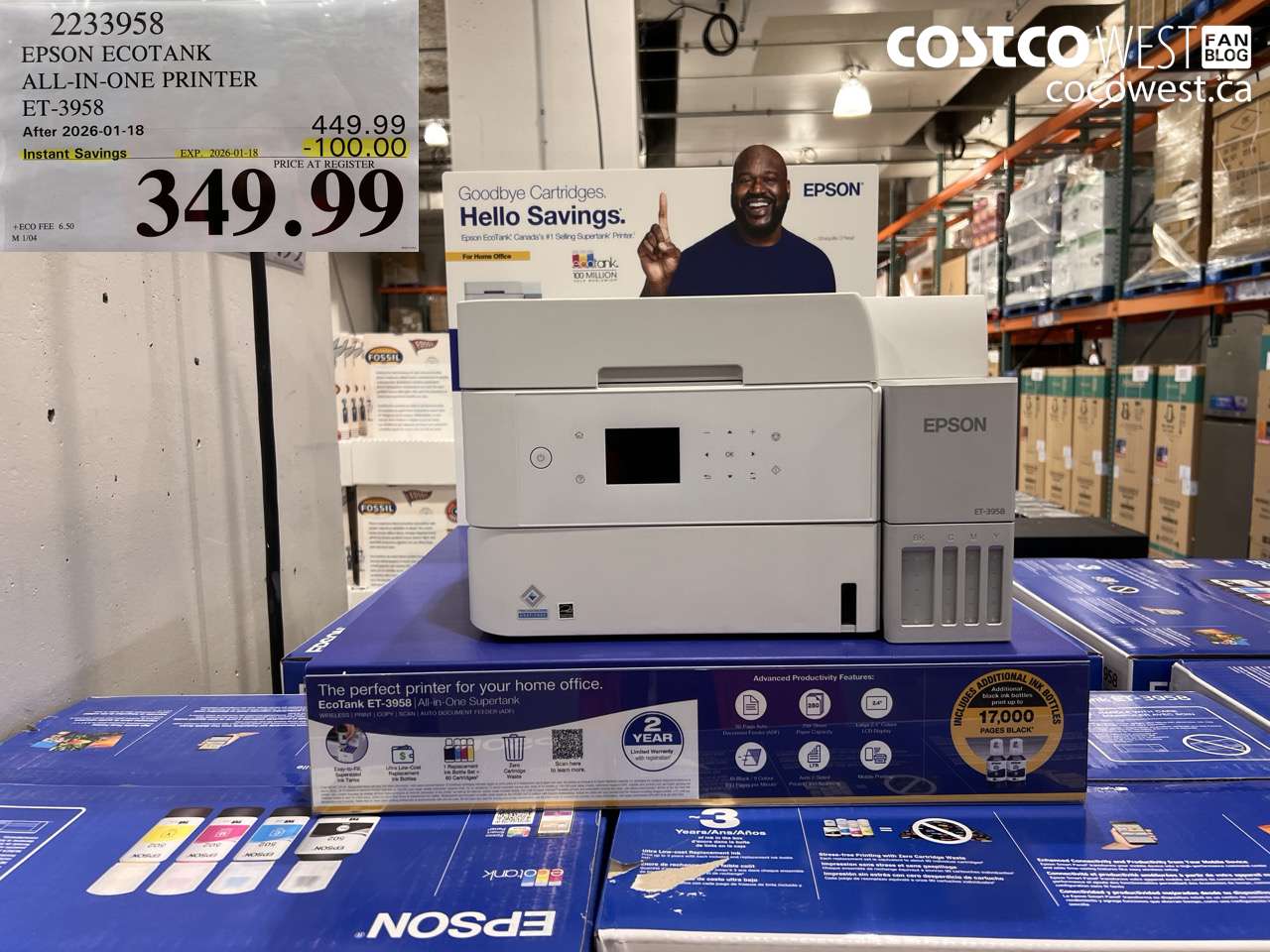 2233958 EPSON ECOTANK ALL-IN-ONE PRINTER ET-3958 ($100.00 INSTANT SAVINGS EXPIRES ON 2026-01-18) $349.99