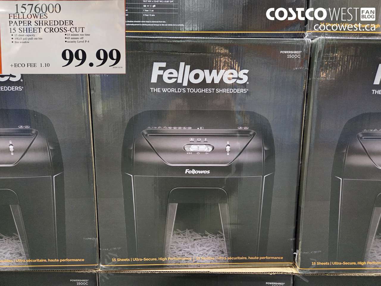 1576000 FELLOWES PAPER SHREDDER 15 SHEET CROSS-CUT $99.99