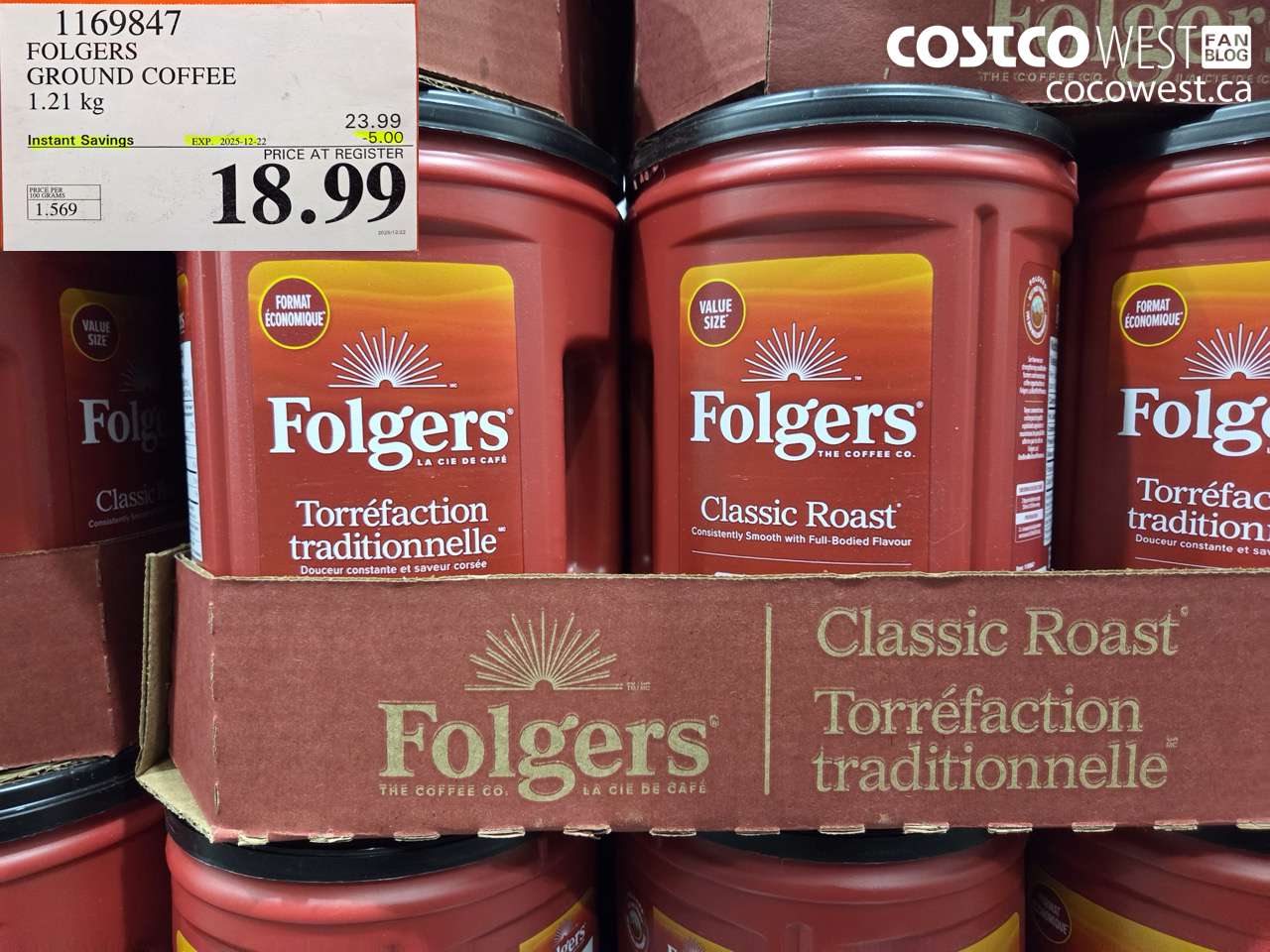 1169847 FOLGERS GROUND COFFEE 1.21 KG ($5.00 INSTANT SAVINGS EXPIRES ON 2025-12-22) $18.99