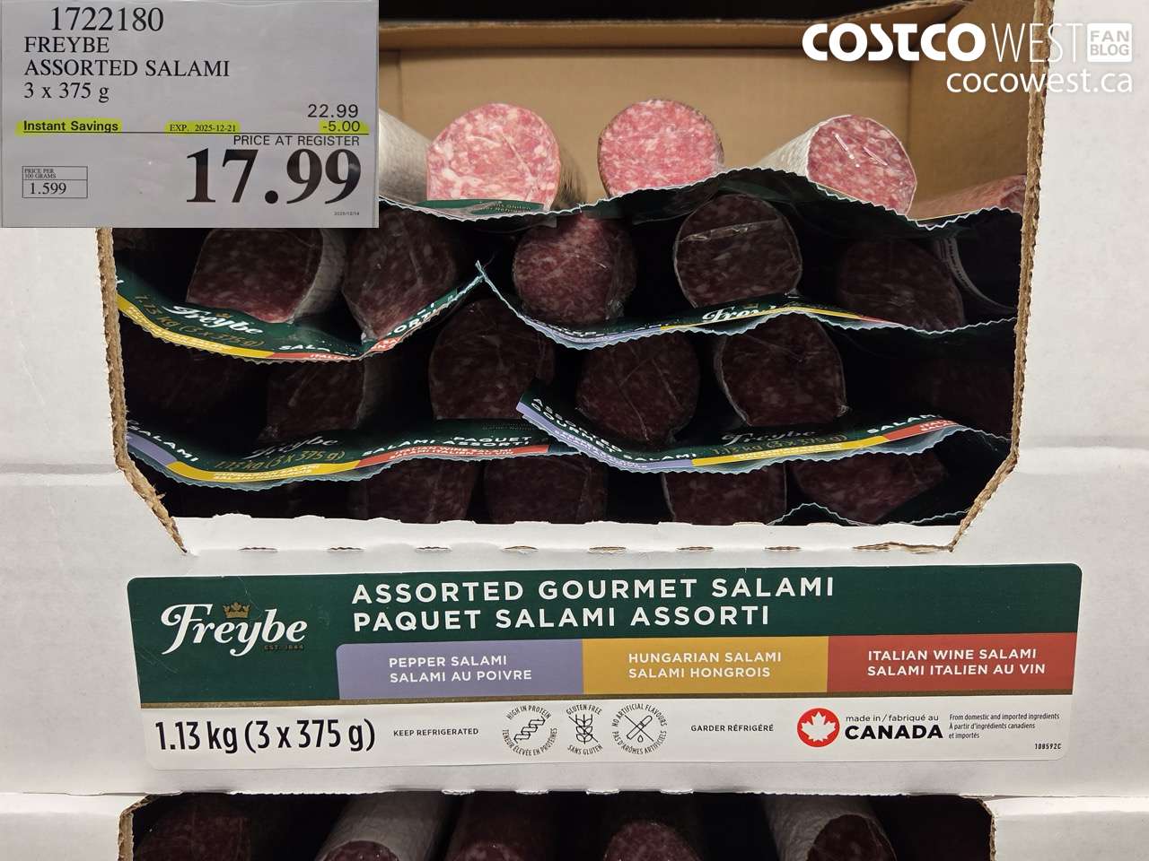 1722180 FREYBE ASSORTED SALAMI 3 x 375 g ($5.00 INSTANT SAVINGS EXPIRES ON 2025-12-21) $17.99