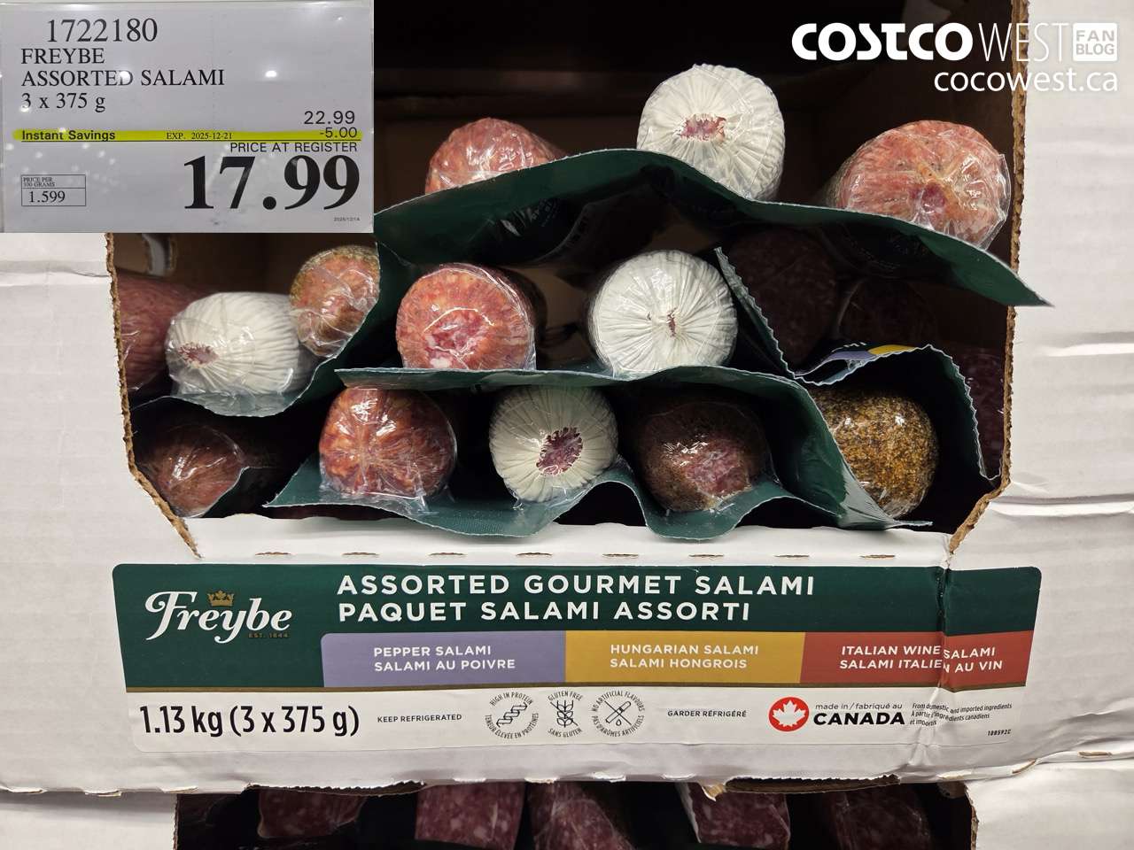 1722180 FREYBE ASSORTED SALAMI 3 x 375 g ($5.00 INSTANT SAVINGS EXPIRES ON 2025-12-21) $17.99