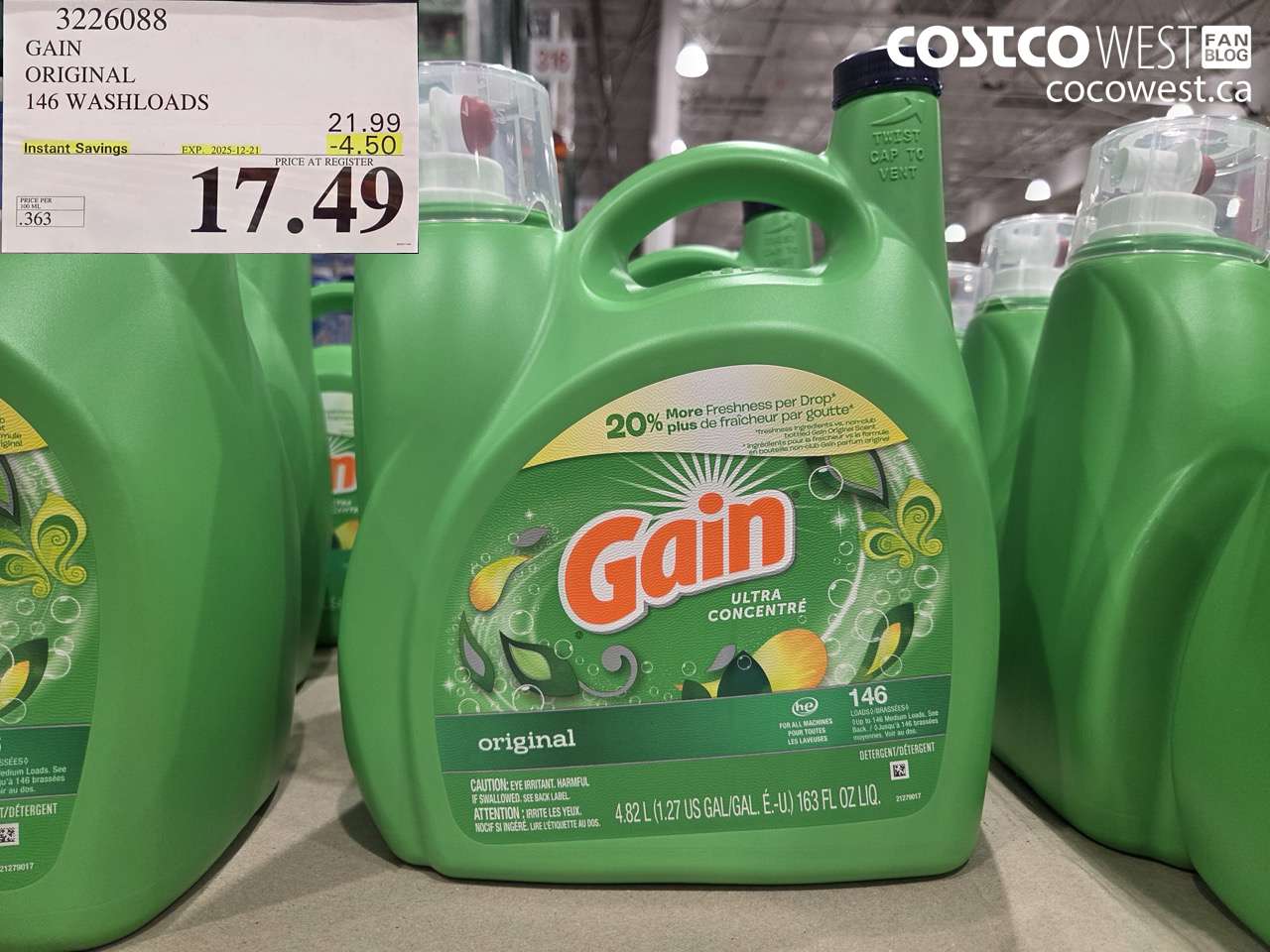 3226088 GAIN HE ULTRA LIQUID DETERGENT 4.82 L 146 WASHLOADS ($4.50 INSTANT SAVINGS EXPIRES ON 2025-12-21) $17.49