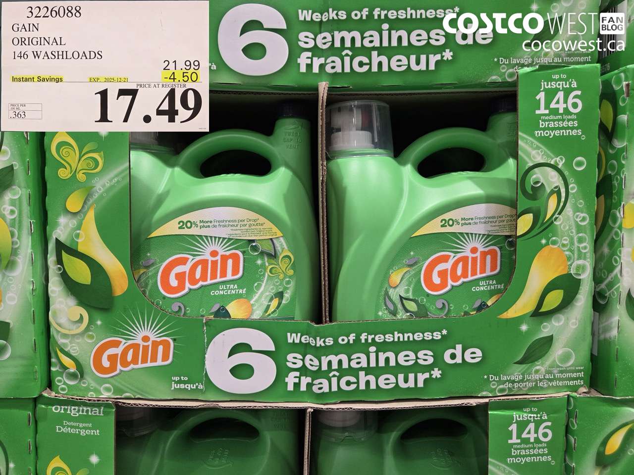 3226088 GAIN HE ULTRA LIQUID DETERGENT 4.82 L 146 WASHLOADS ($4.50 INSTANT SAVINGS EXPIRES ON 2025-12-21) $17.49