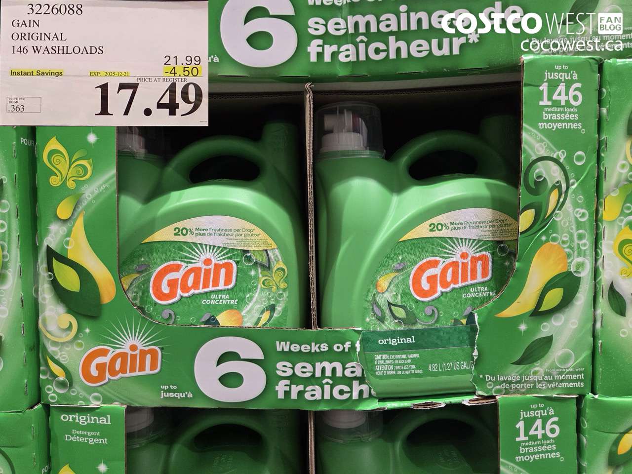 3226088 GAIN HE ULTRA LIQUID DETERGENT 4.82 L 146 WASHLOADS ($4.50 INSTANT SAVINGS EXPIRES ON 2025-12-21) $17.49