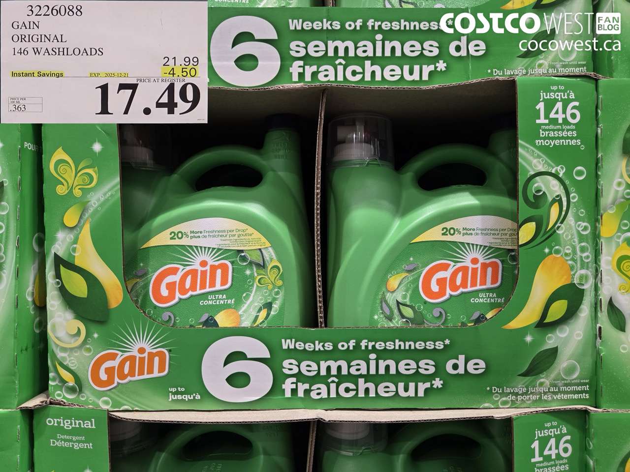 3226088 GAIN HE ULTRA LIQUID DETERGENT 4.82 L 146 WASHLOADS ($4.50 INSTANT SAVINGS EXPIRES ON 2025-12-21) $17.49