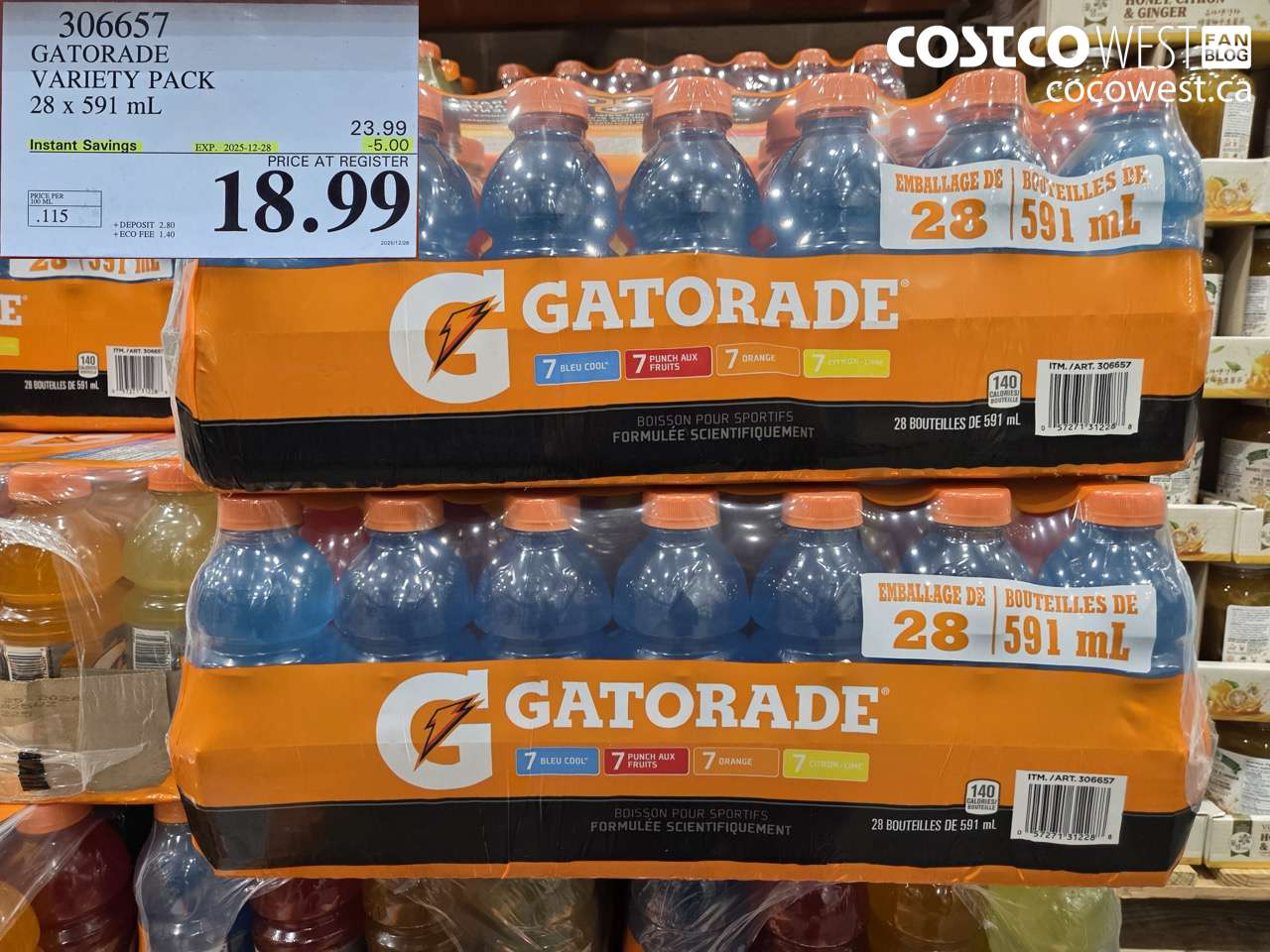 306657 GATORADE VARIETY PACK 28 x 591 ml ($5.00 INSTANT SAVINGS EXPIRES ON 2025-12-28) $18.99