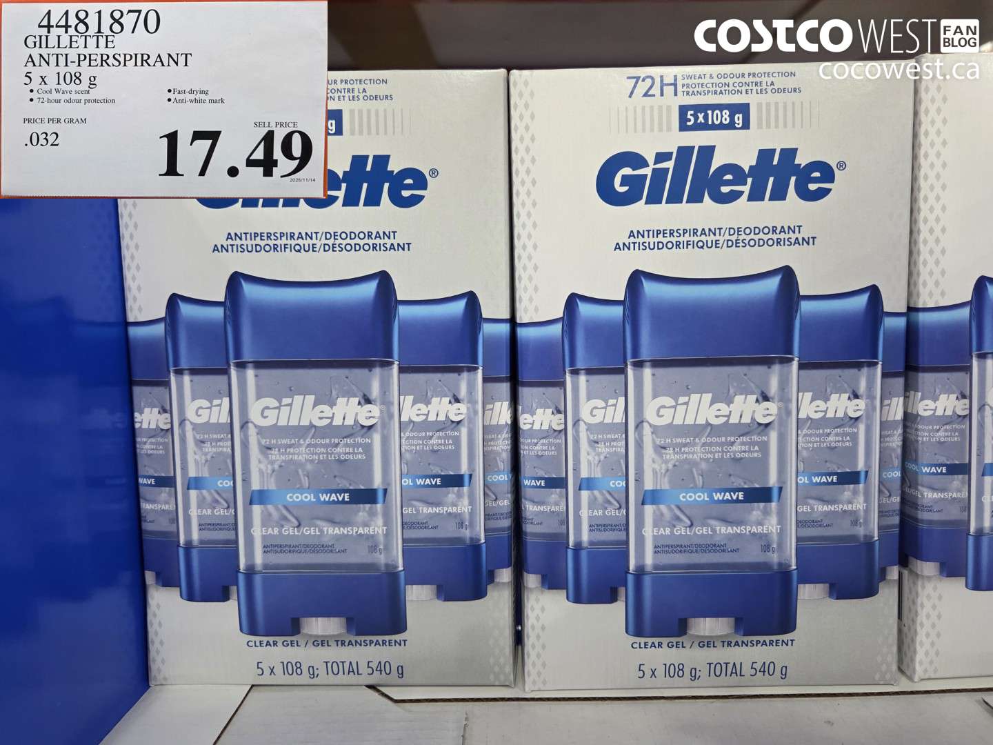 4481870 GILLETTE ANTI-PERSPIRANT 5 x 108 g $17.49