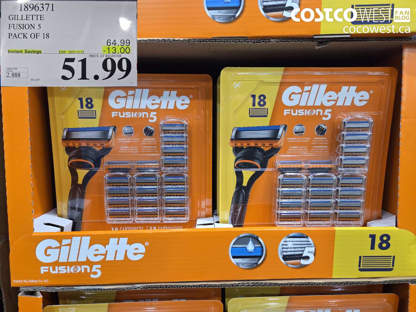 1896371 GILLETTE FUSION 5 PACK OF 18 ($13.00 INSTANT SAVINGS EXPIRES ON 2025-12-21) $51.99