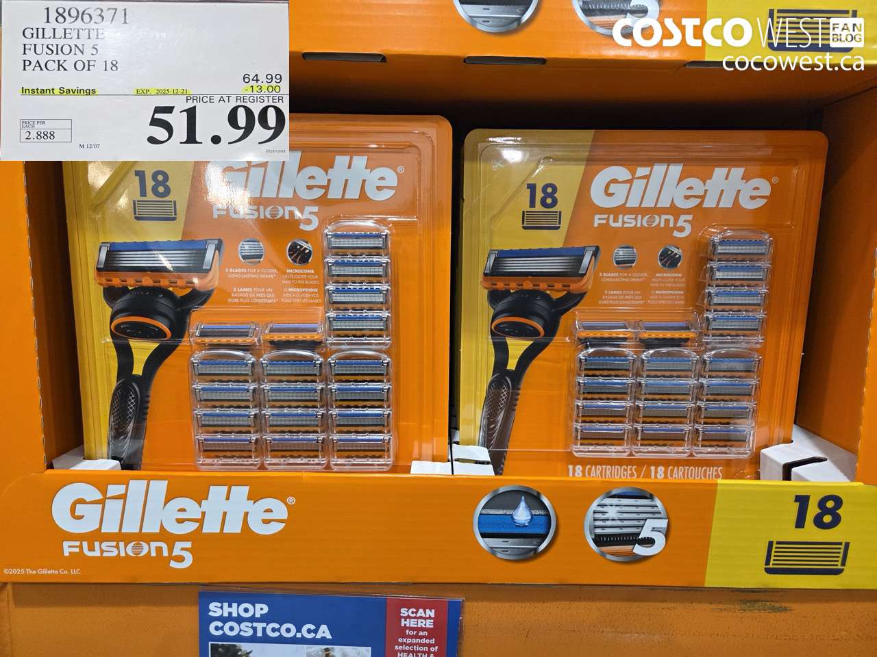 1896371 GILLETTE FUSION 5 PACK OF 18 ($13.00 INSTANT SAVINGS EXPIRES ON 2025-12-21) $51.99