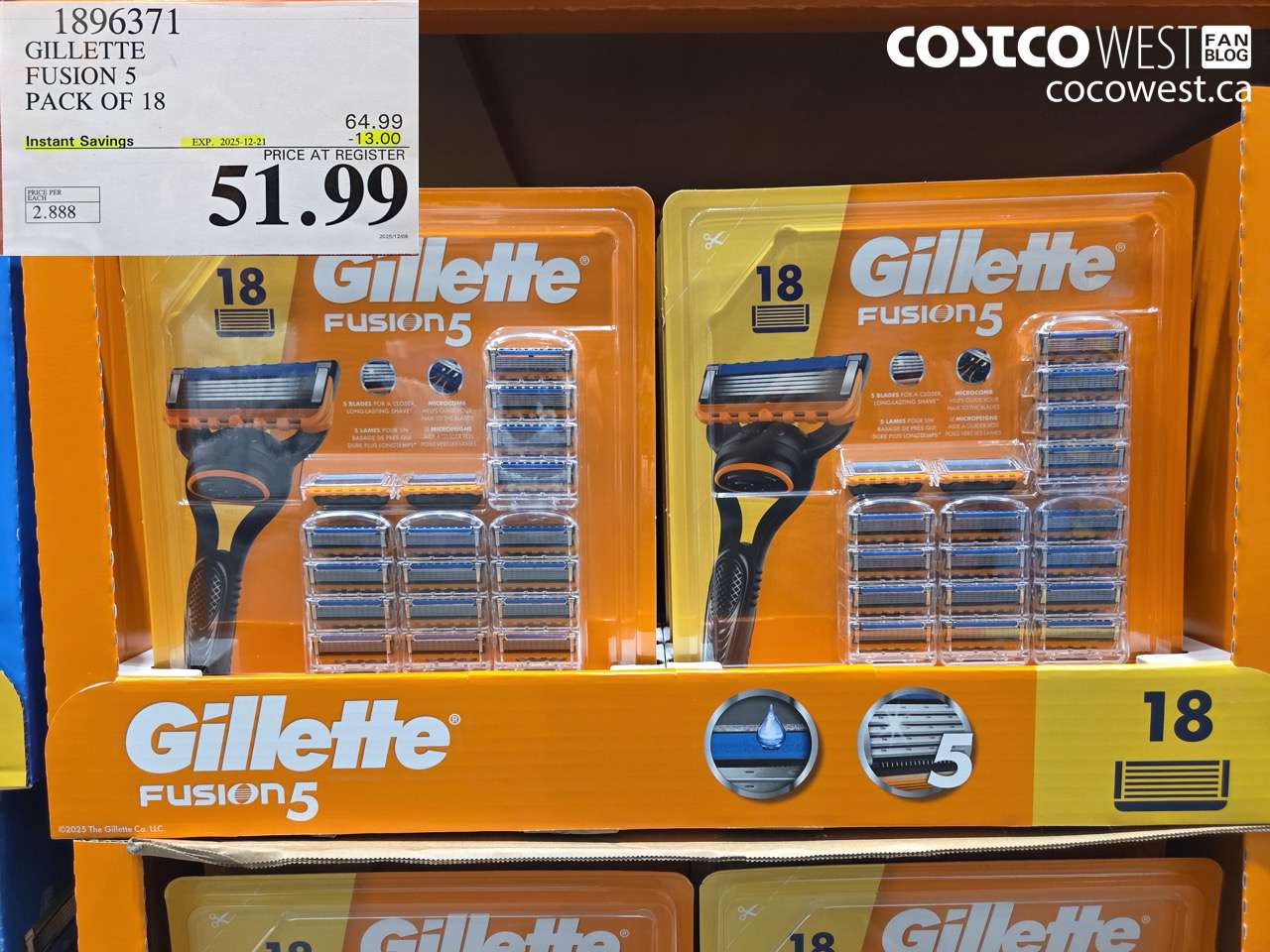 1896371 GILLETTE FUSION 5 PACK OF 18 ($13.00 INSTANT SAVINGS EXPIRES ON 2025-12-21) $51.99