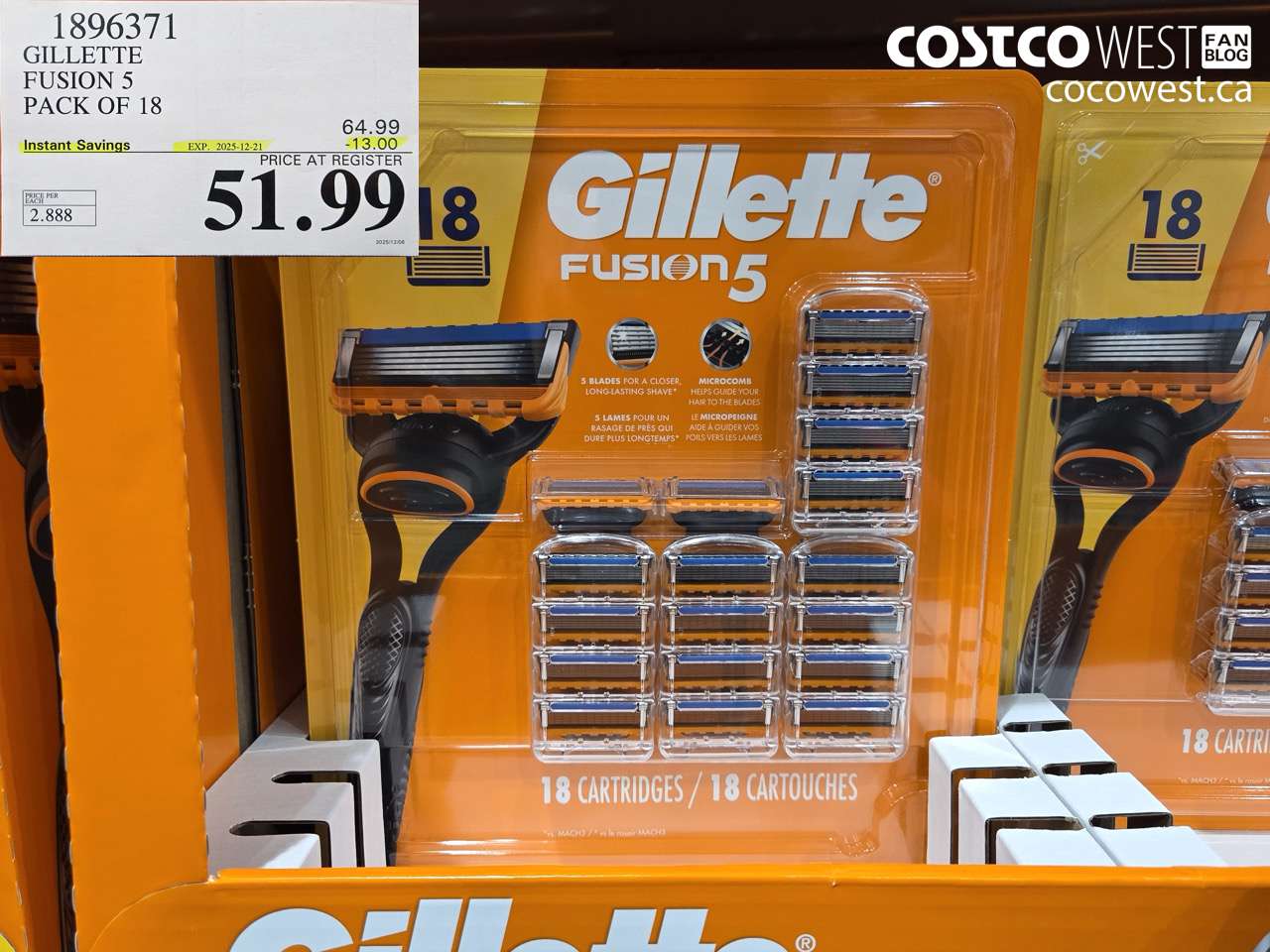 1896371 GILLETTE FUSION 5 PACK OF 18 ($13.00 INSTANT SAVINGS EXPIRES ON 2025-12-21) $51.99