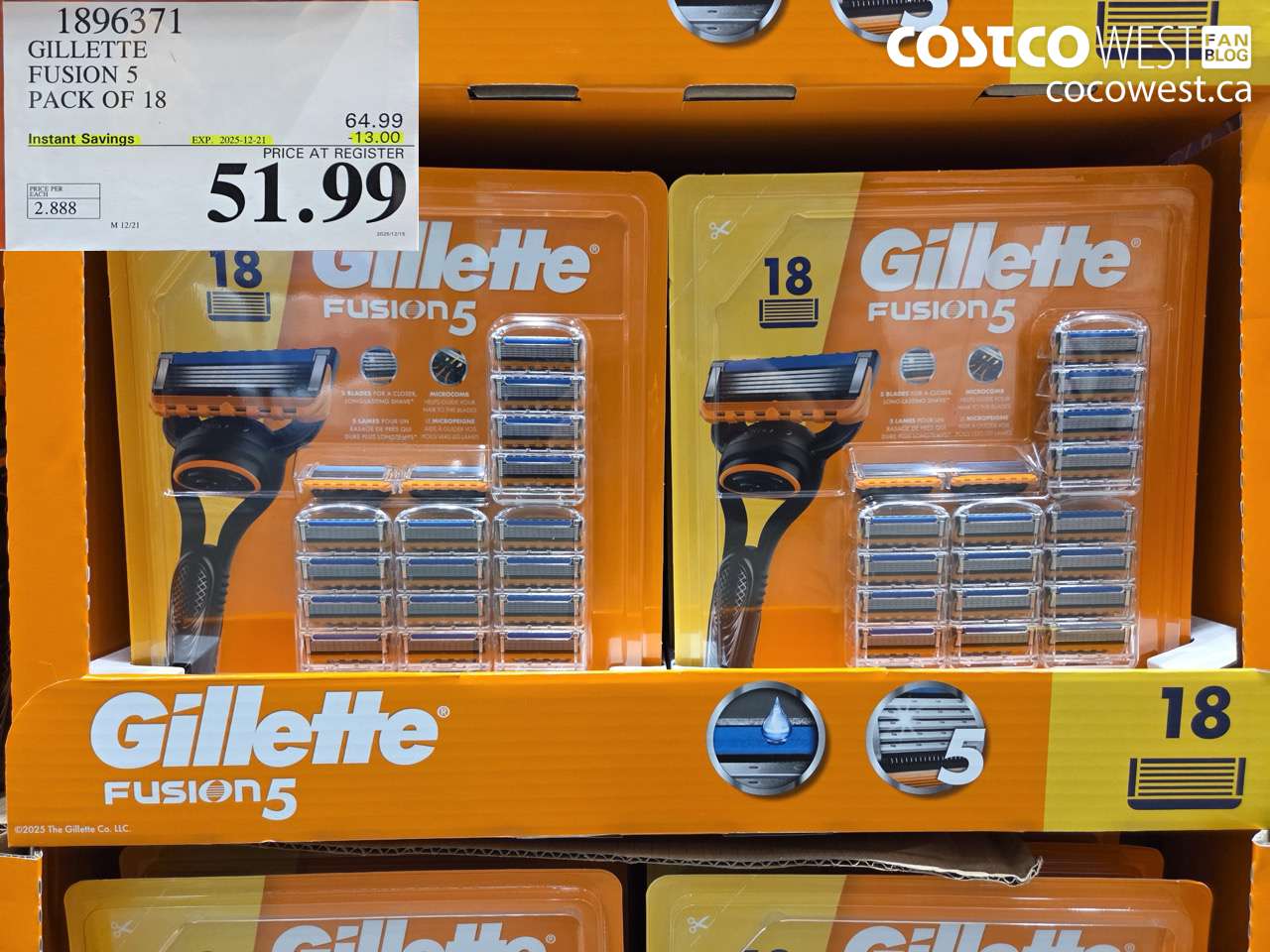 1896371 GILLETTE FUSION 5 PACK OF 18 ($13.00 INSTANT SAVINGS EXPIRES ON 2025-12-21) $51.99