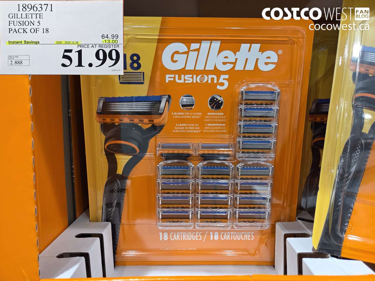 1896371 GILLETTE FUSION 5 PACK OF 18 ($13.00 INSTANT SAVINGS EXPIRES ON 2025-12-28) $51.99