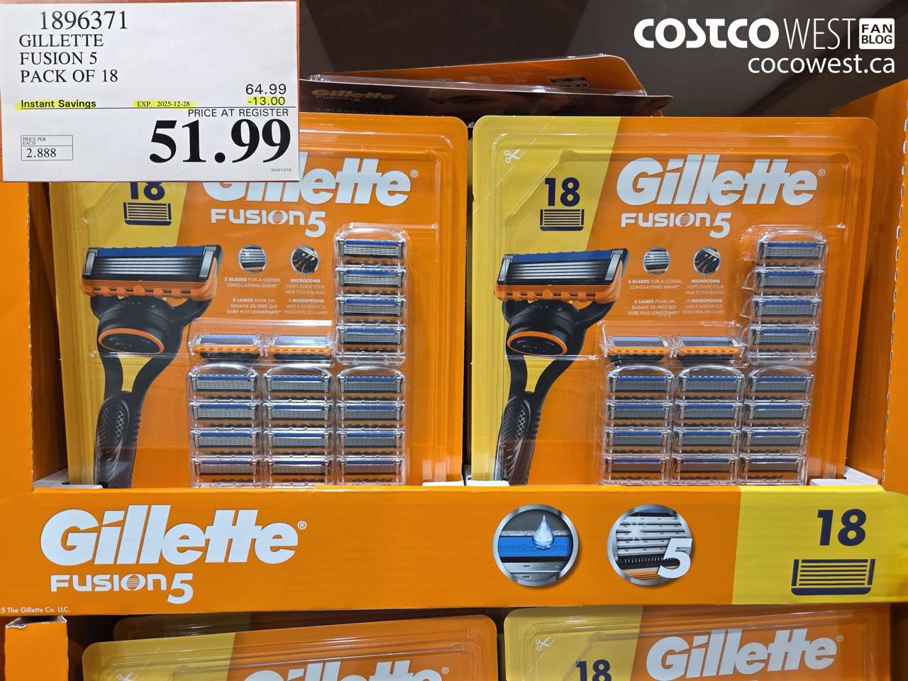 1896371 GILLETTE FUSION 5 PACK OF 18 ($13.00 INSTANT SAVINGS EXPIRES ON 2025-12-28) $51.99