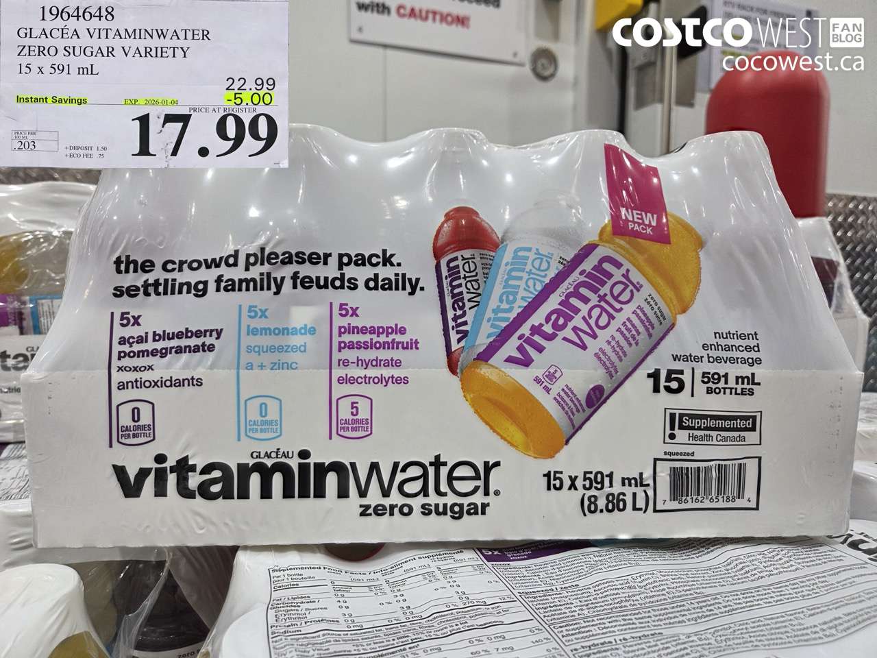 1964648 GLACEAU VITAMIN WATER ZERO SUGAR VARIETY 15 x 591 mL ($5.00 INSTANT SAVINGS EXPIRES ON 2026-01-04) $17.99