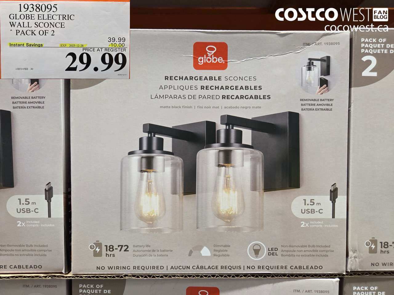 1938095 GLOBE ELECTRIC LED BLACK WALL SCONCE 2PK GLASS SHADE ($10.00 INSTANT SAVINGS EXPIRES ON 2025-12-28) $29.99