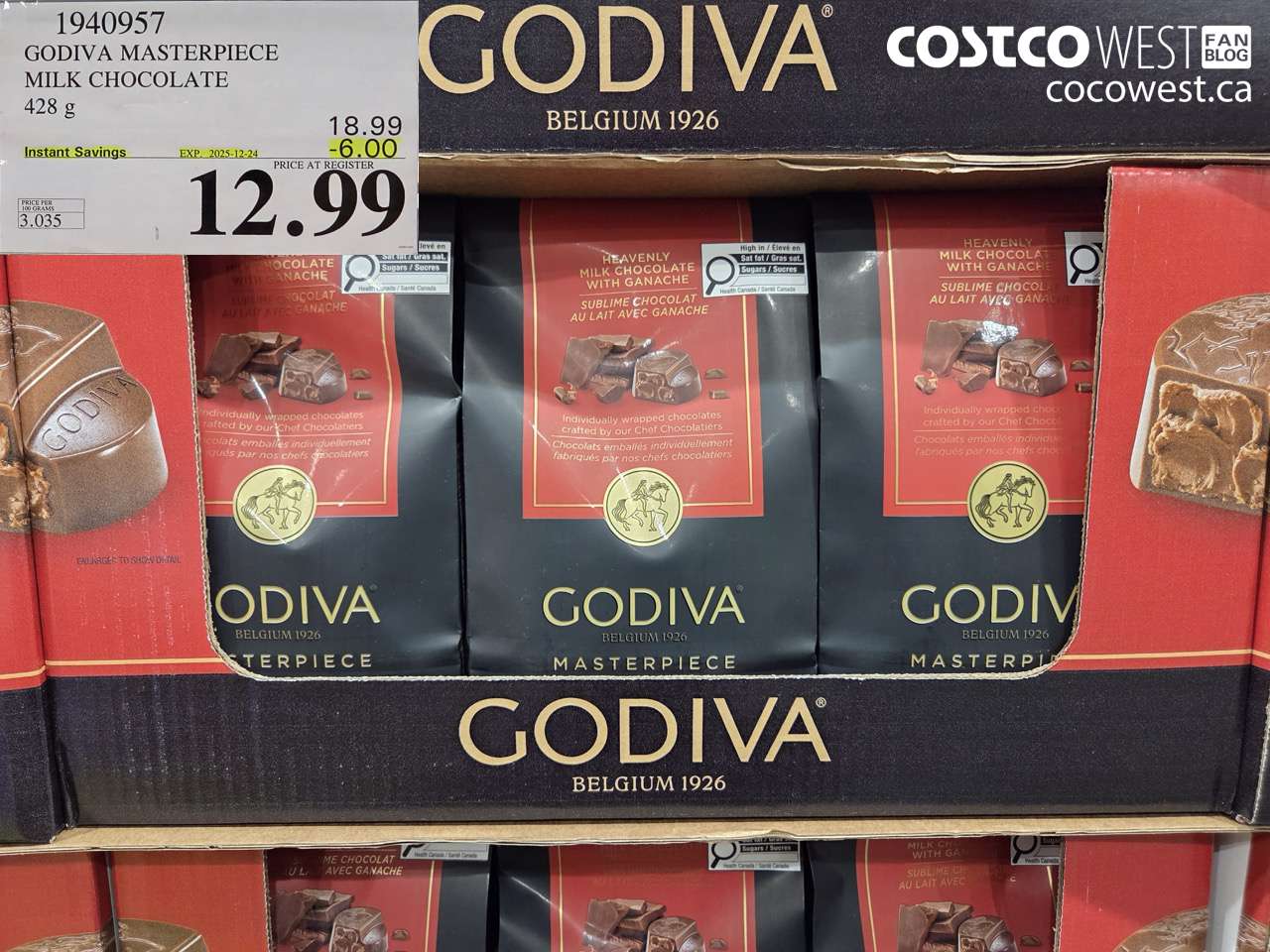 1940957 GODIVA MASTERPIECE MILK CHOCOLATE 428G ($6.00 INSTANT SAVINGS EXPIRES ON 2025-12-24) $12.99
