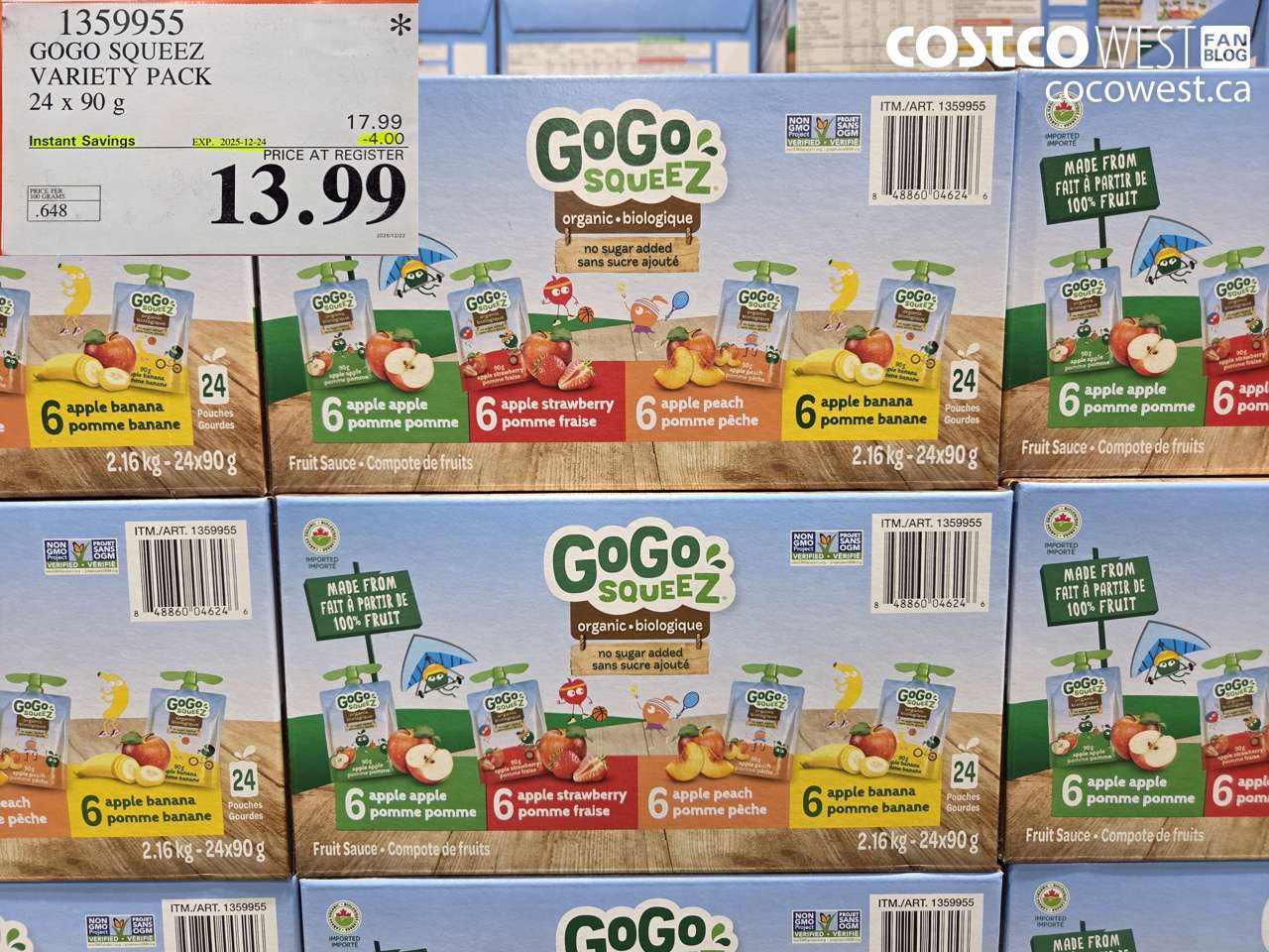 1359955 GOGO SQUEEZ VARIETY PACK 24 x 90 g ($4.00 INSTANT SAVINGS EXPIRES ON 2025-12-24) $13.99