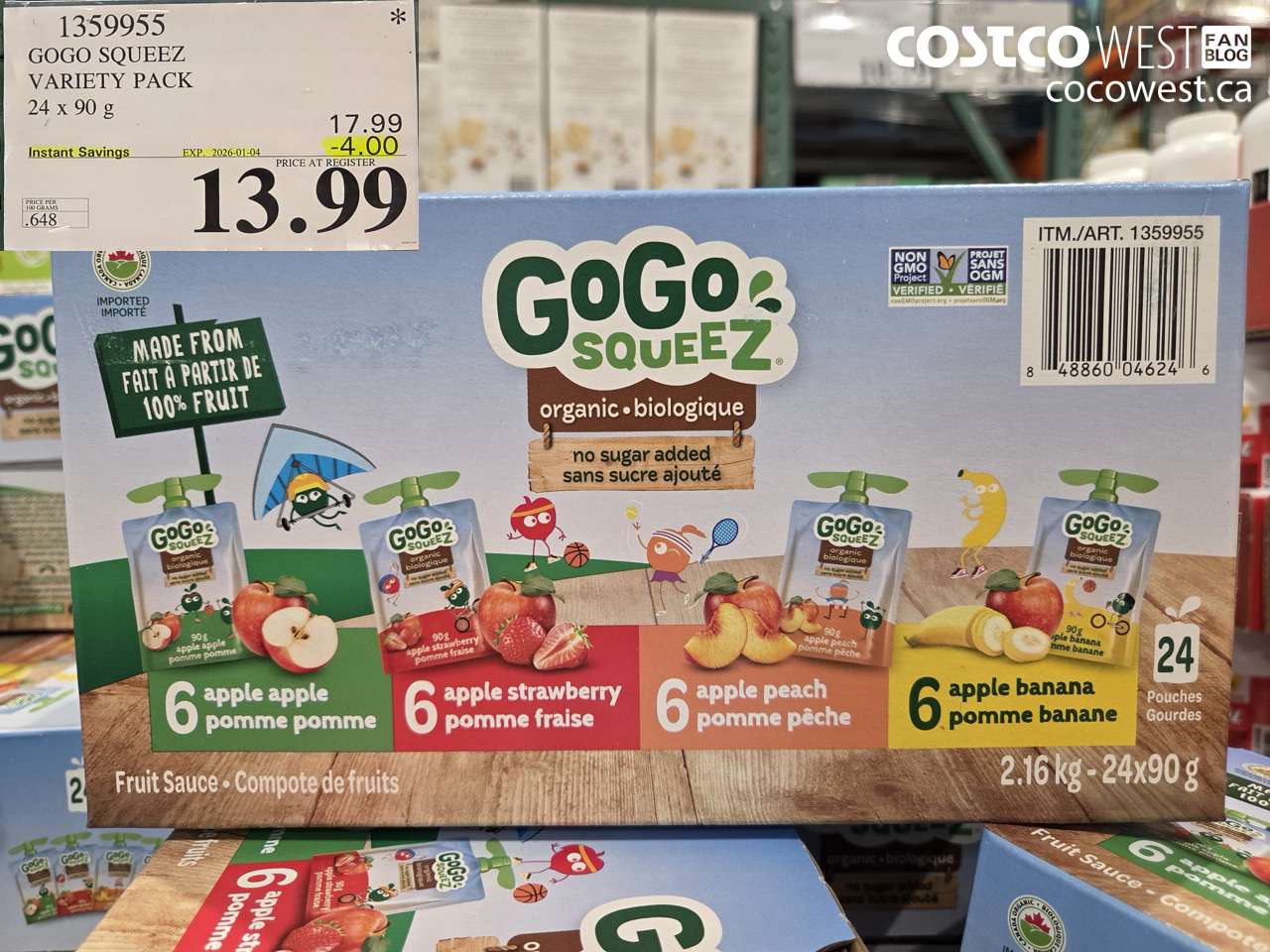 1359955 GOGO SQUEEZ VARIETY PACK 24 x 90 g ($4.00 INSTANT SAVINGS EXPIRES ON 2026-01-04) $13.99