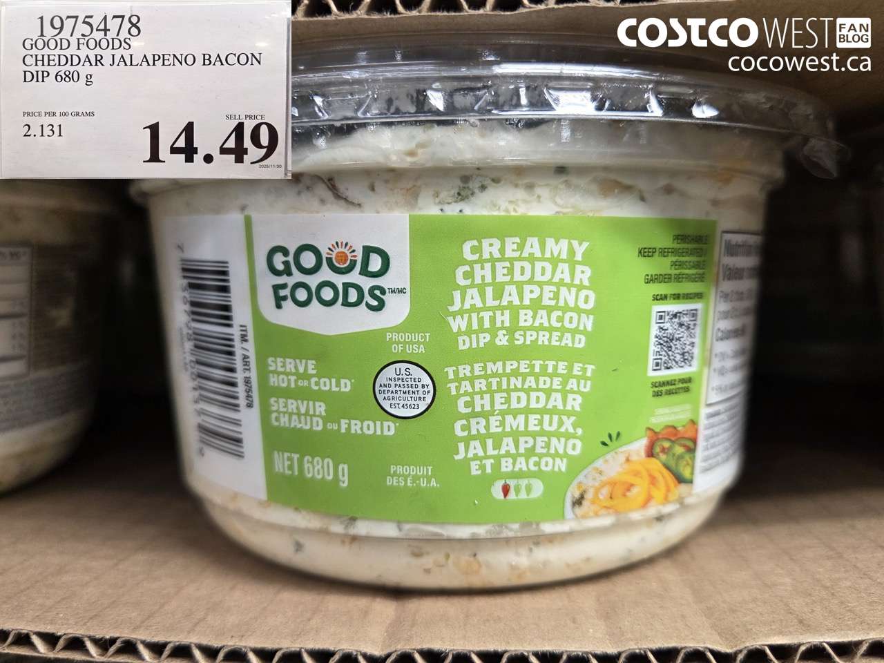 1975478 GOOD FOODS CHEDDAR JALAPENO BACON DIP 680G $14.49