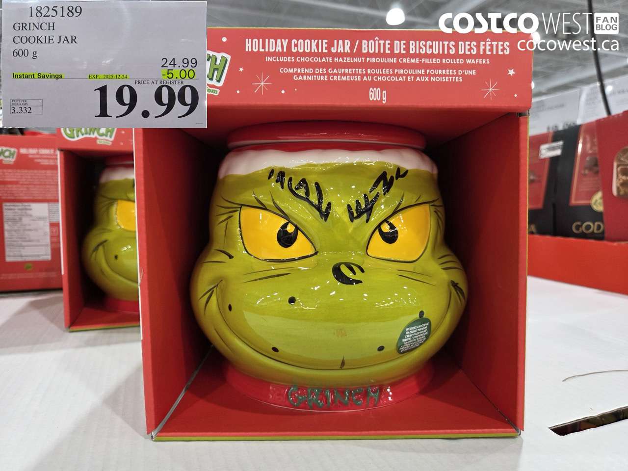 1825189 GRINCH PRAILINE COOKIE JAR 600G ($5.00 INSTANT SAVINGS EXPIRES ON 2025-12-24) $19.99